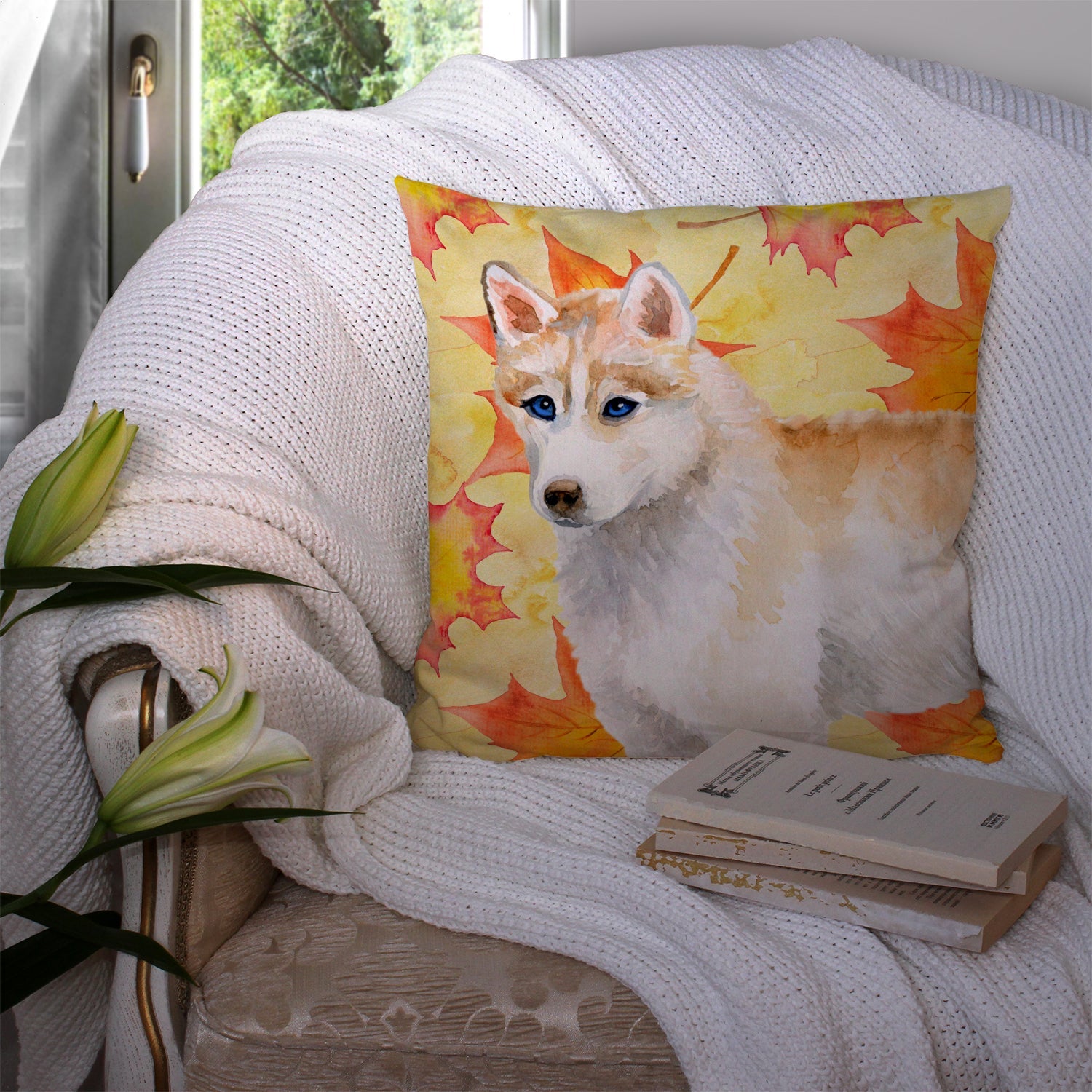 Siberian Husky Fall Decorative Throw Pillow 14x14 Indoor Outdoor Accent Cushion, Fabric Cover with Insert for Sofa, Bed, Porch & Living Room