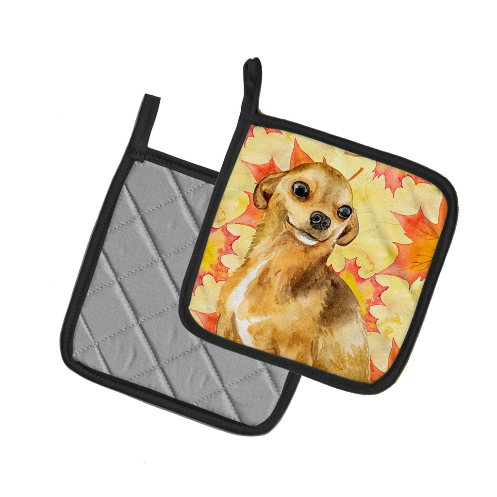 Chihuahua Fall Pot Holder Set of 2 Heat Resistant Quilted Hot Pads 7.5 x 7.5 Inch, Insulated Kitchen Trivets for Cooking & Baking