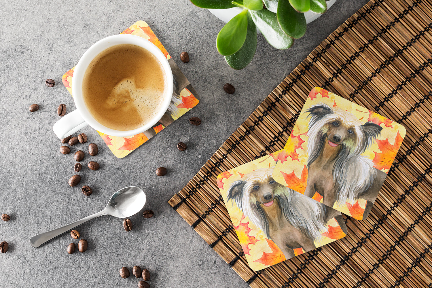 Chinese Crested Fall Foam Coasters Set of 4 Cup Coasters for Indoor Outdoor, Tabletop Protection, Anti Slip, Mouse pad Material