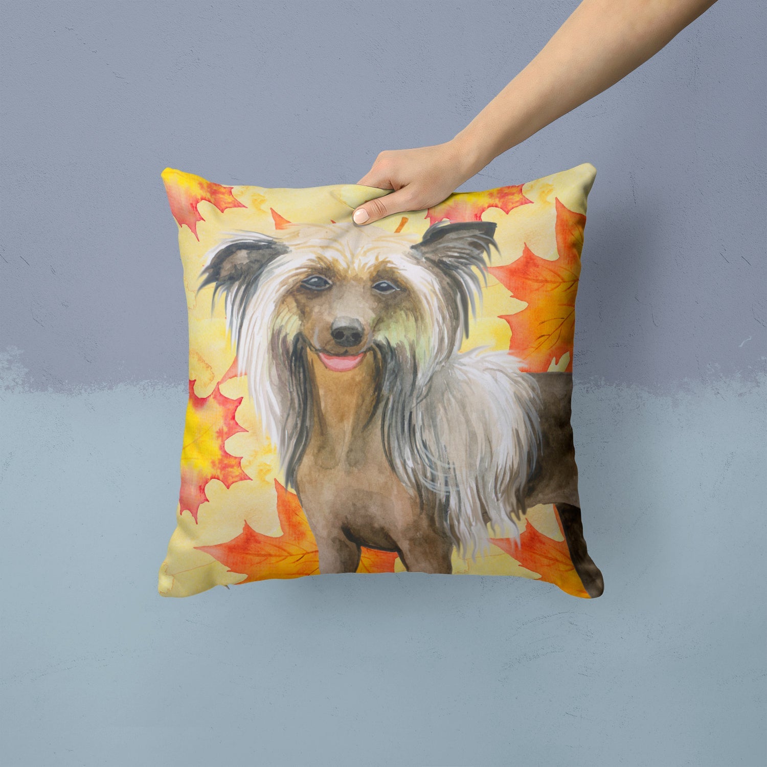 Chinese Crested Fall Decorative Throw Pillow 14x14 Indoor Outdoor Accent Cushion, Fabric Cover with Insert for Sofa, Bed, Porch & Living Room
