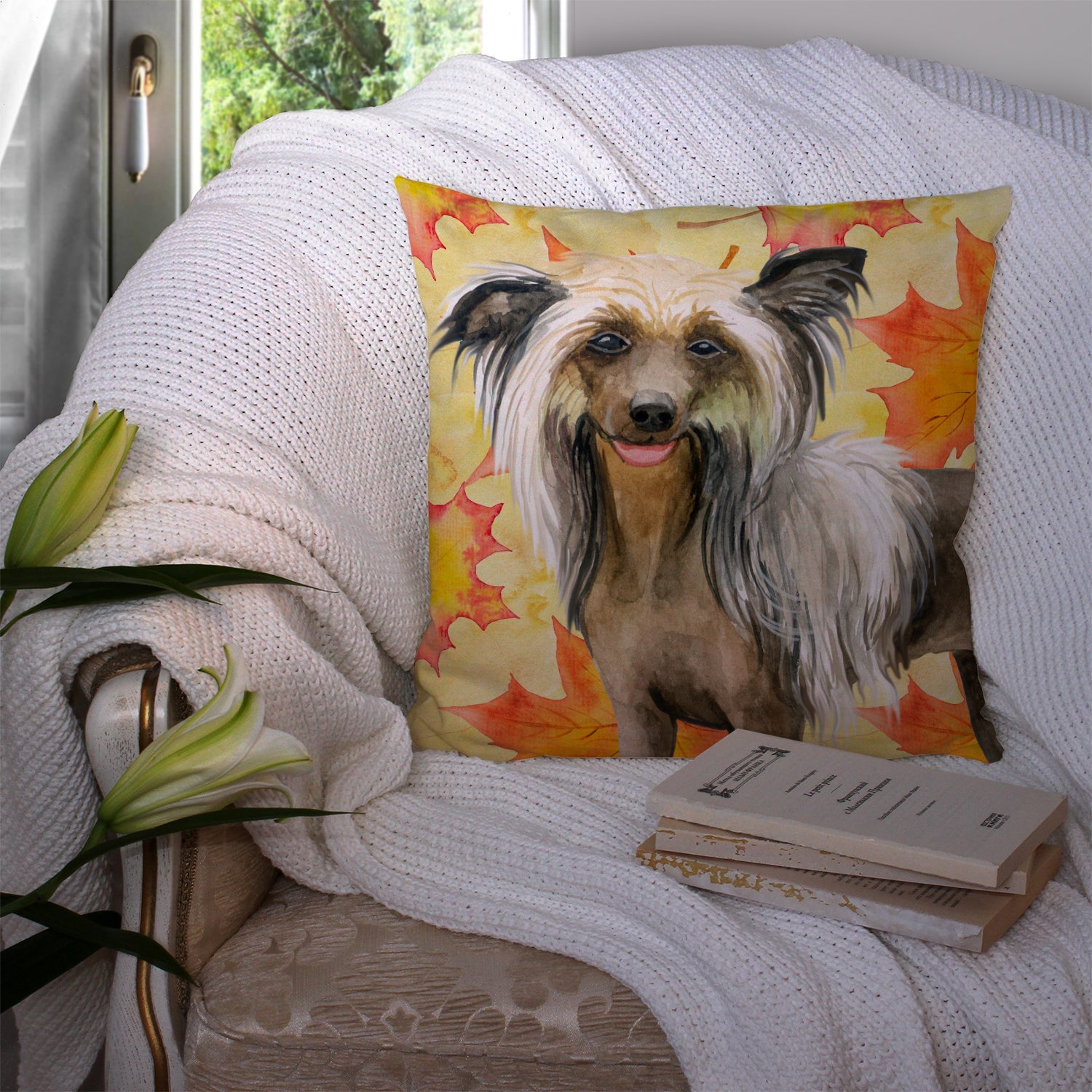 Chinese Crested Fall Decorative Throw Pillow 14x14 Indoor Outdoor Accent Cushion, Fabric Cover with Insert for Sofa, Bed, Porch & Living Room