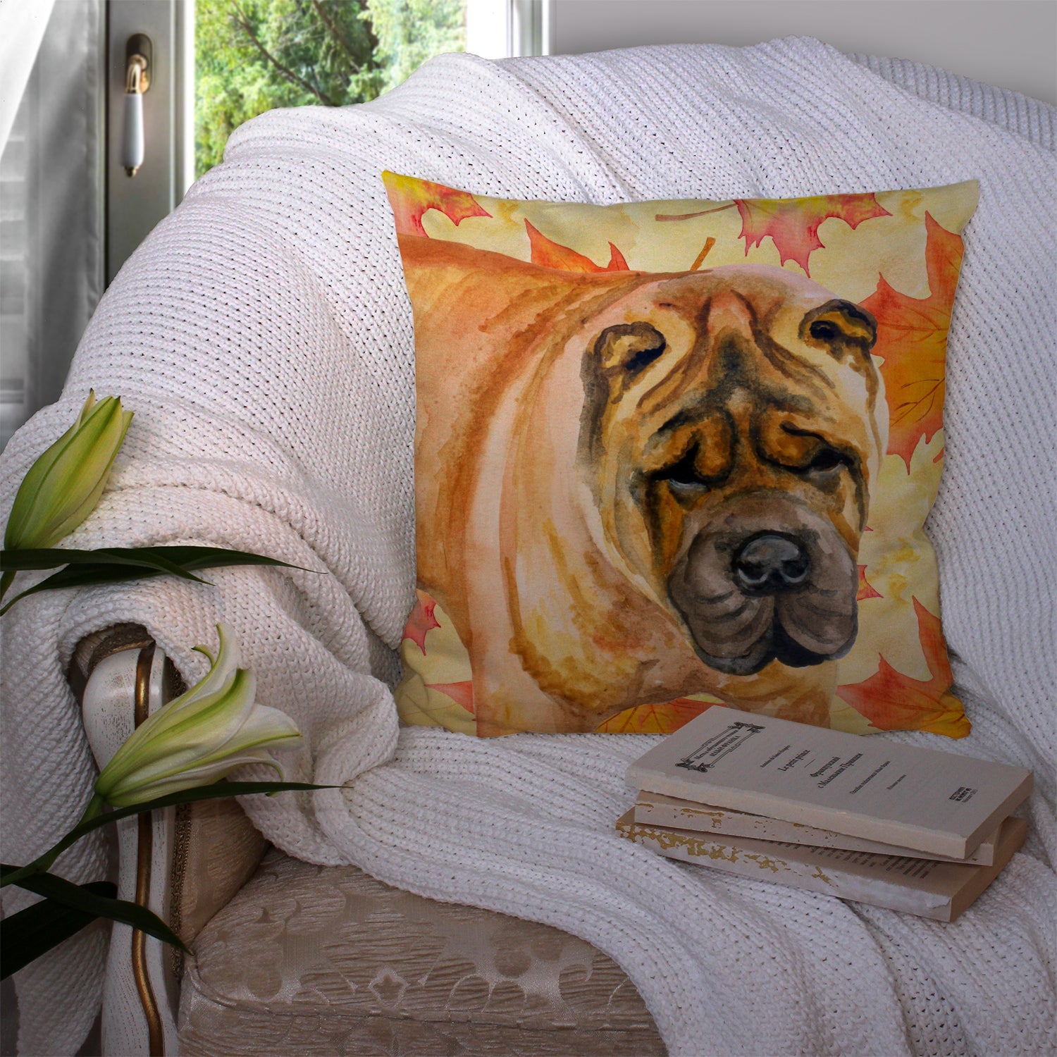 Shar Pei Fall Decorative Throw Pillow 14x14 Indoor Outdoor Accent Cushion, Fabric Cover with Insert for Sofa, Bed, Porch & Living Room