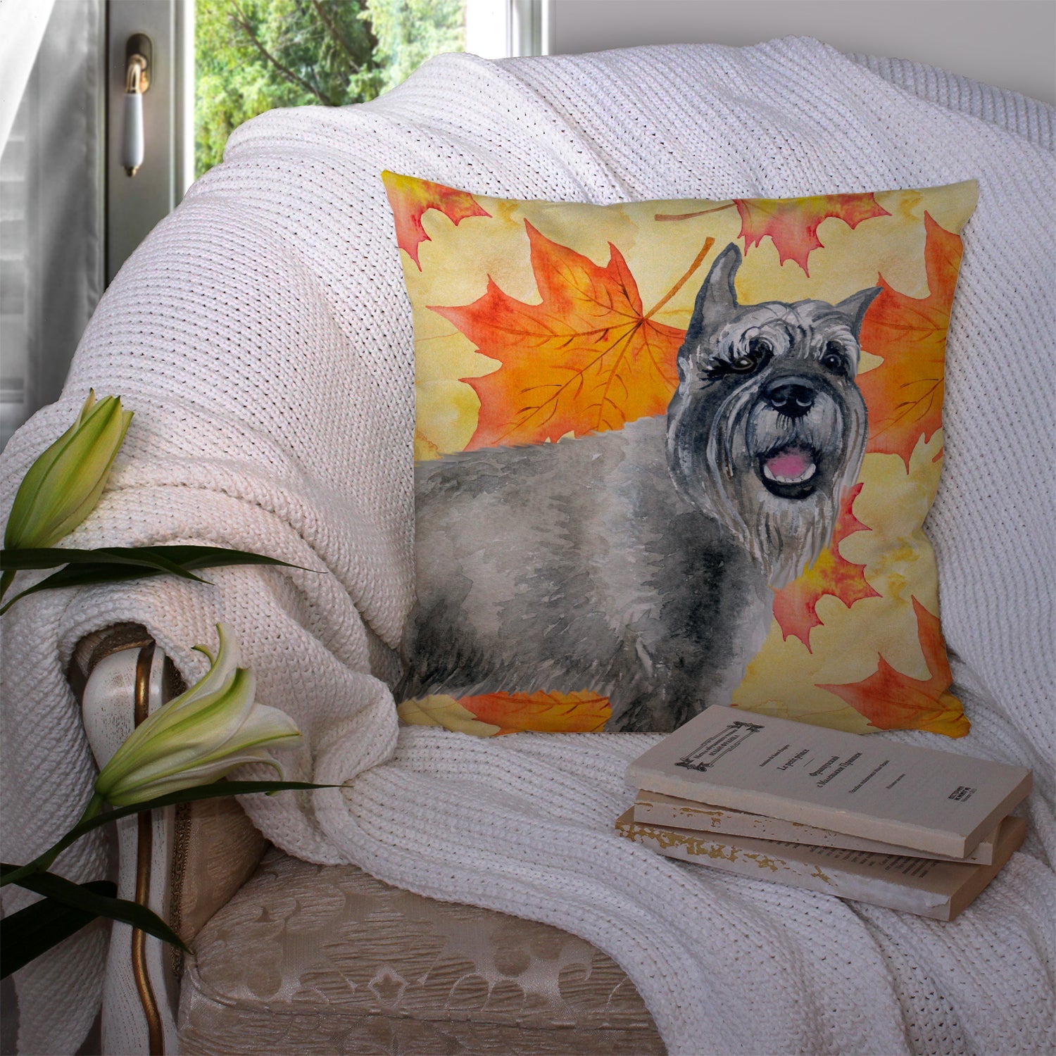 Schnauzer Fall Decorative Throw Pillow 14x14 Indoor Outdoor Accent Cushion, Fabric Cover with Insert for Sofa, Bed, Porch & Living Room