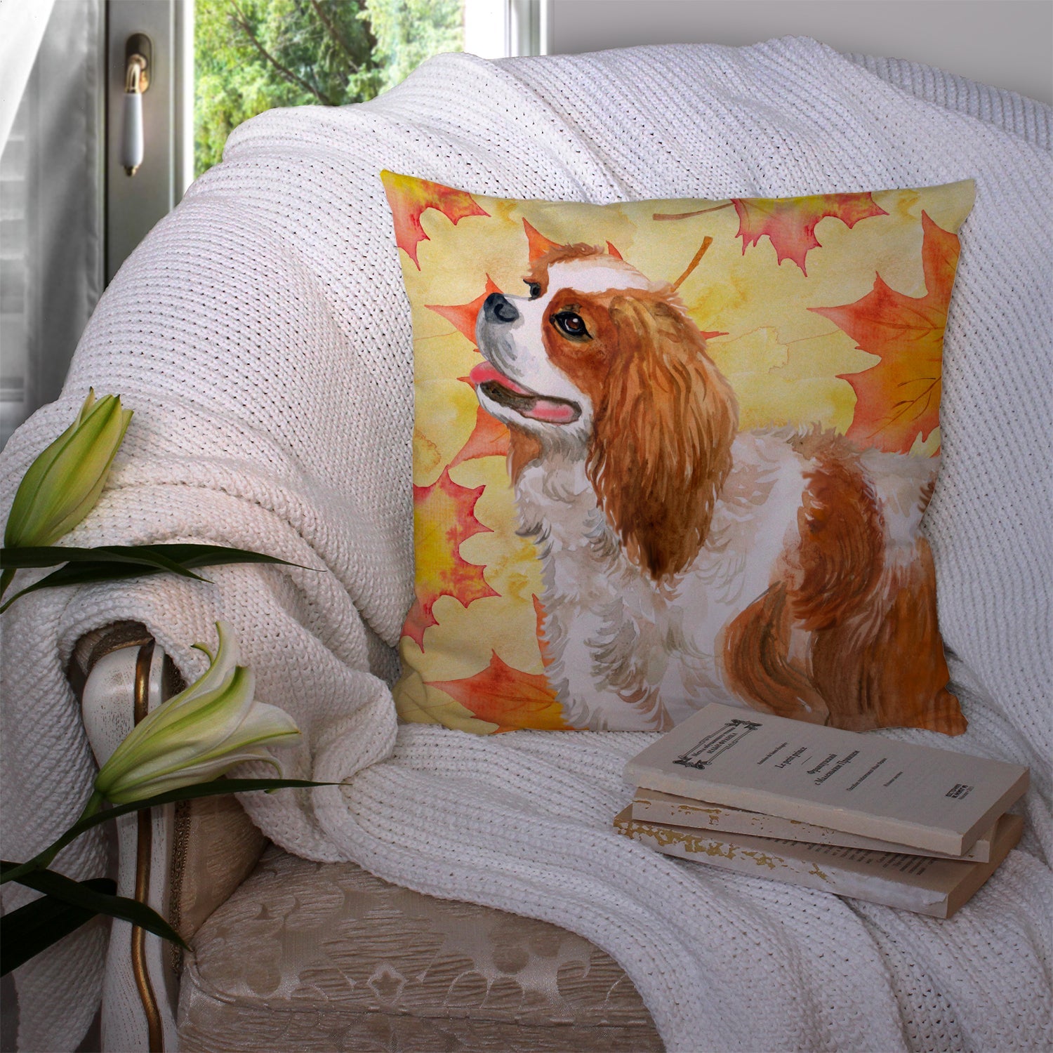 Cavalier Spaniel Fall Decorative Throw Pillow 14x14 Indoor Outdoor Accent Cushion, Fabric Cover with Insert for Sofa, Bed, Porch & Living Room