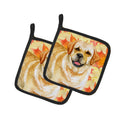 Golden Retriever Fall Pot Holder Set of 2 Heat Resistant Quilted Hot Pads 7.5 x 7.5 Inch, Insulated Kitchen Trivets for Cooking & Baking