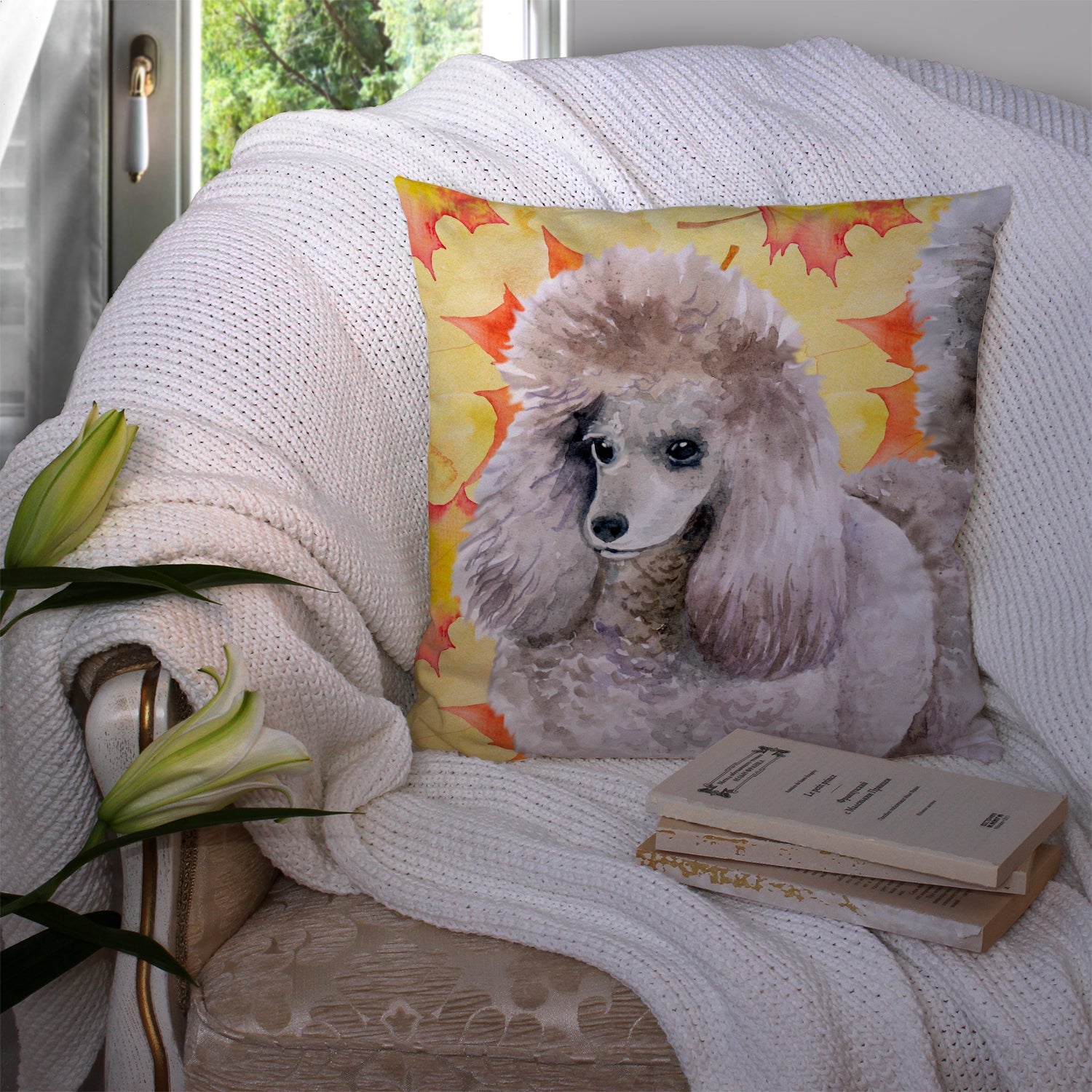 Poodle Fall Decorative Throw Pillow 14x14 Indoor Outdoor Accent Cushion, Fabric Cover with Insert for Sofa, Bed, Porch & Living Room