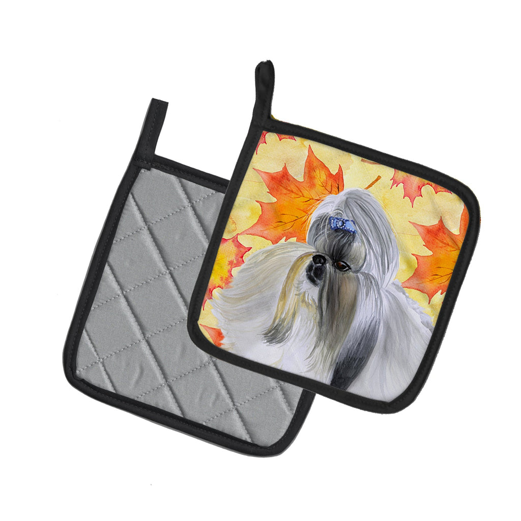 Shih Tzu Fall Pot Holder Set of 2 Heat Resistant Quilted Hot Pads 7.5 x 7.5 Inch, Insulated Kitchen Trivets for Cooking & Baking