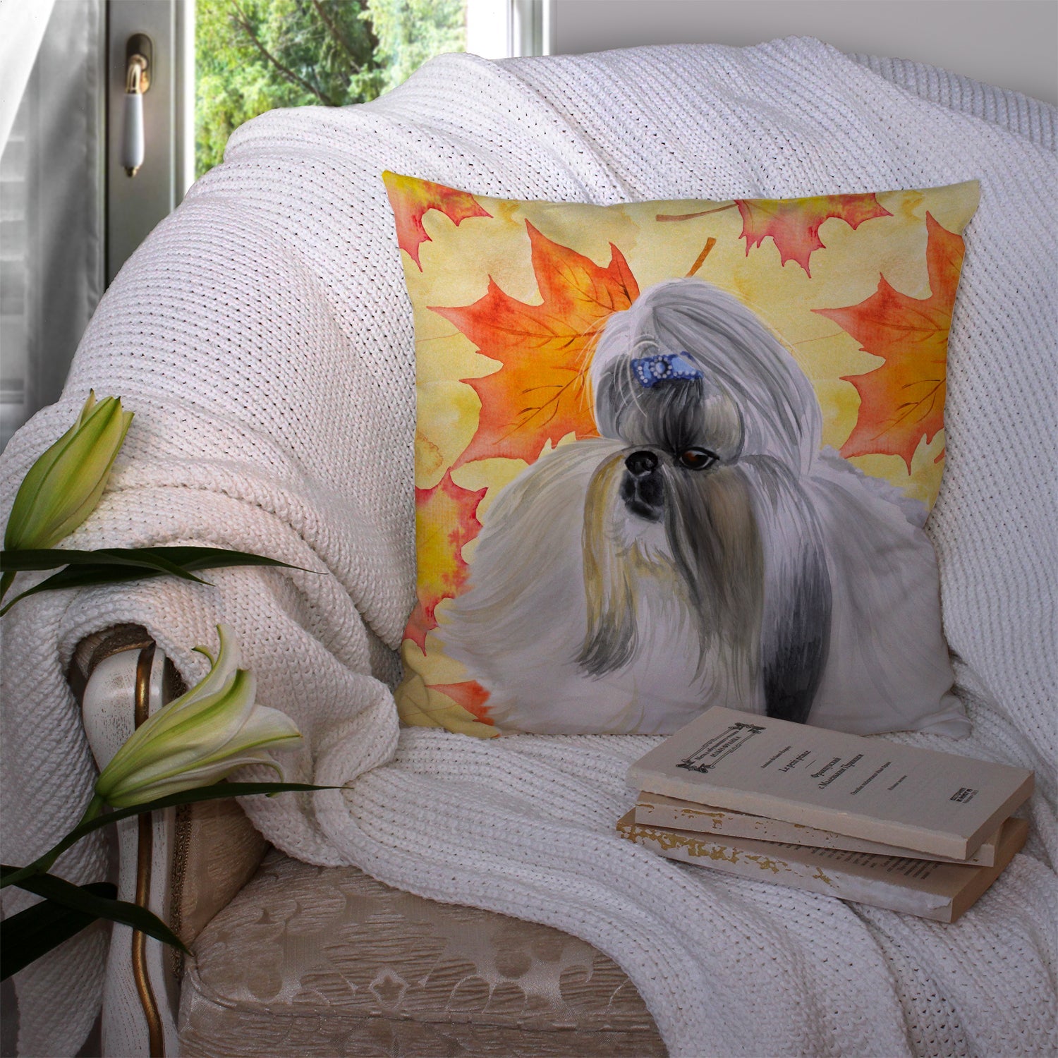 Shih Tzu Fall Decorative Throw Pillow 14x14 Indoor Outdoor Accent Cushion, Fabric Cover with Insert for Sofa, Bed, Porch & Living Room
