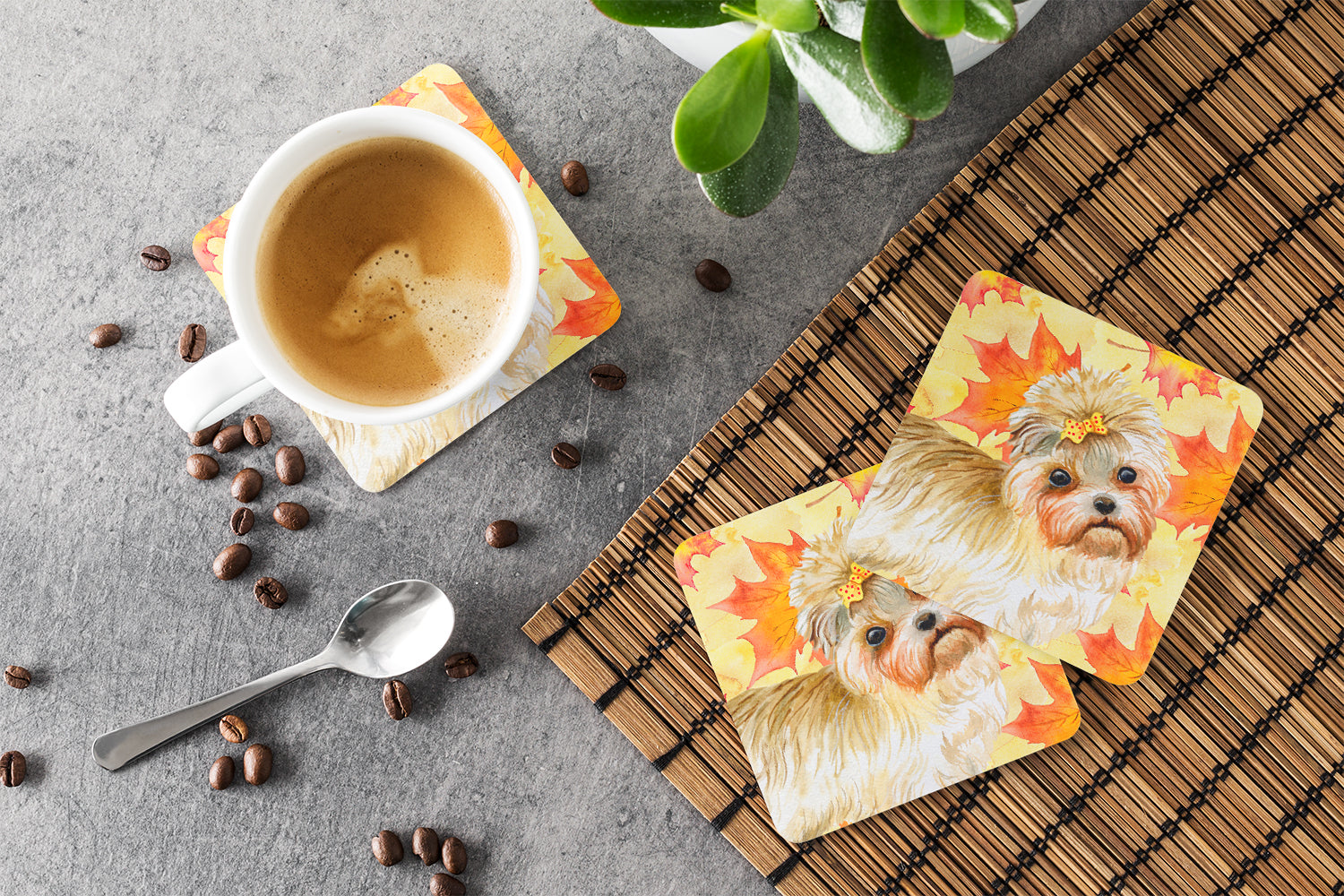 Morkie Fall Foam Coasters Set of 4 Cup Coasters for Indoor Outdoor, Tabletop Protection, Anti Slip, Mouse pad Material