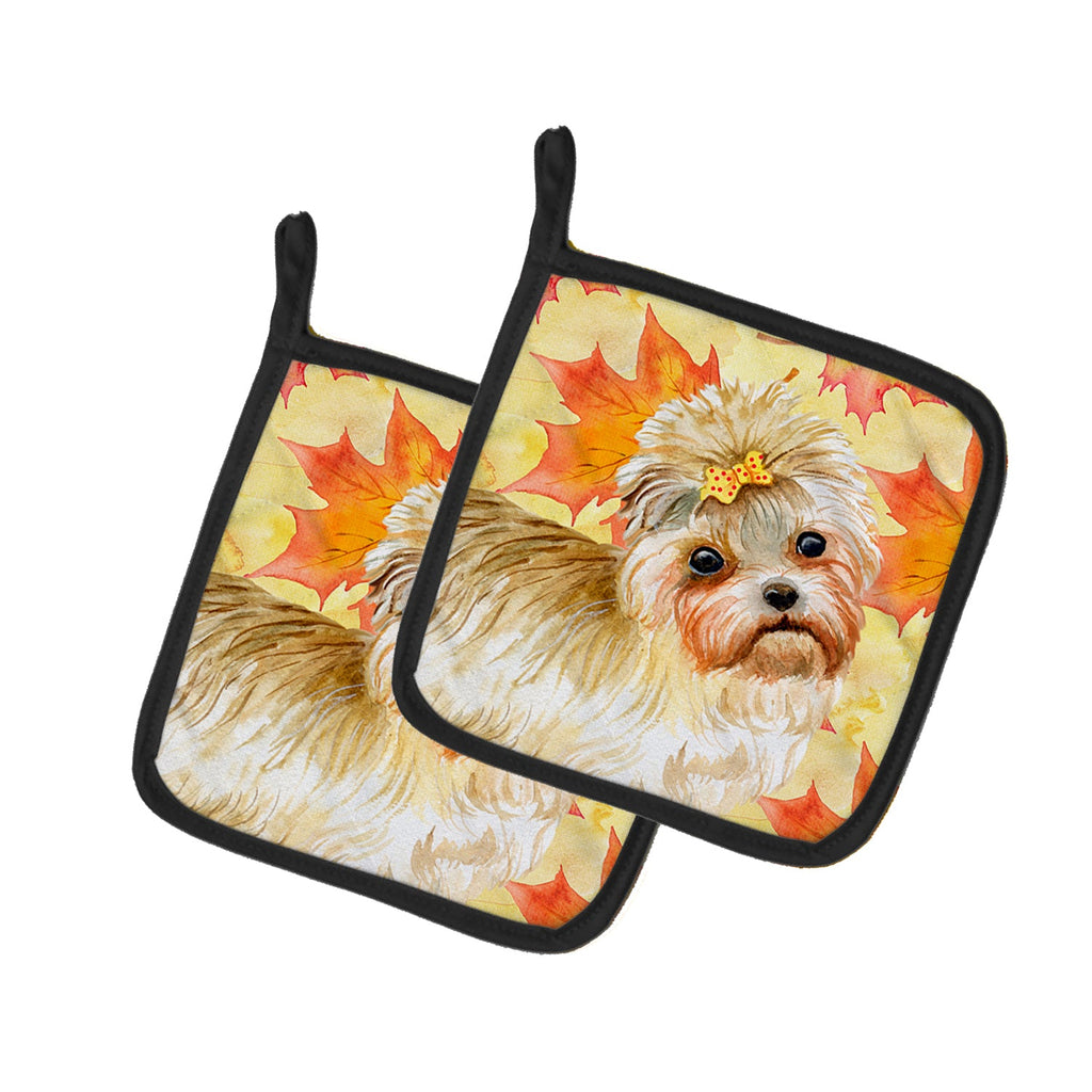 Morkie Fall Pot Holder Set of 2 Heat Resistant Quilted Hot Pads 7.5 x 7.5 Inch, Insulated Kitchen Trivets for Cooking & Baking