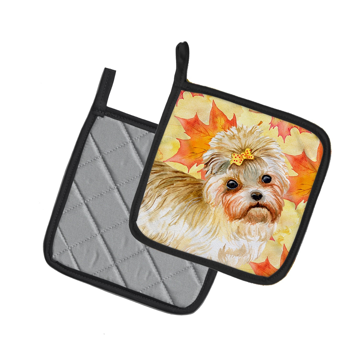 Morkie Fall Pot Holder Set of 2 Heat Resistant Quilted Hot Pads 7.5 x 7.5 Inch, Insulated Kitchen Trivets for Cooking & Baking
