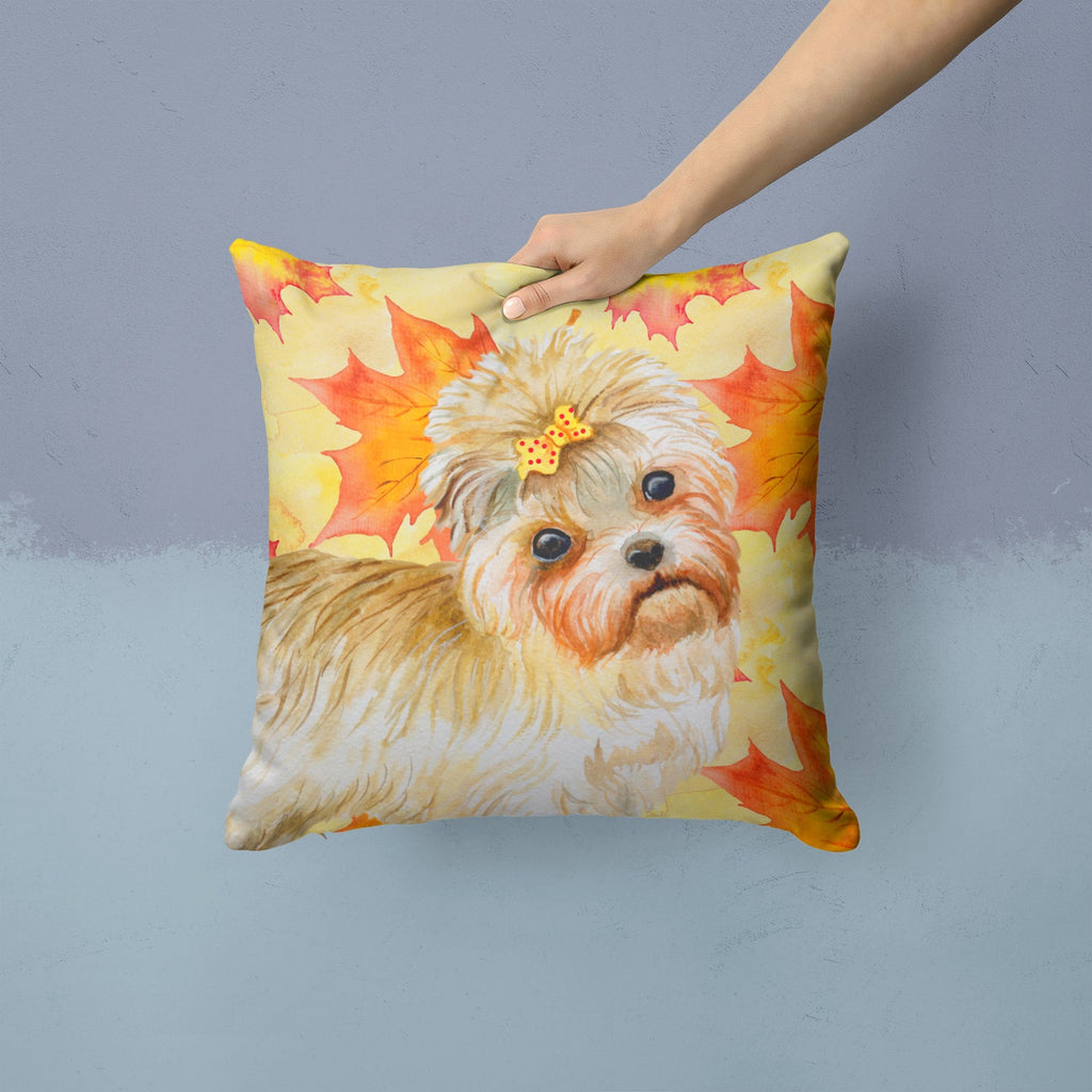 Morkie Fall Decorative Throw Pillow 14x14 Indoor Outdoor Accent Cushion, Fabric Cover with Insert for Sofa, Bed, Porch & Living Room