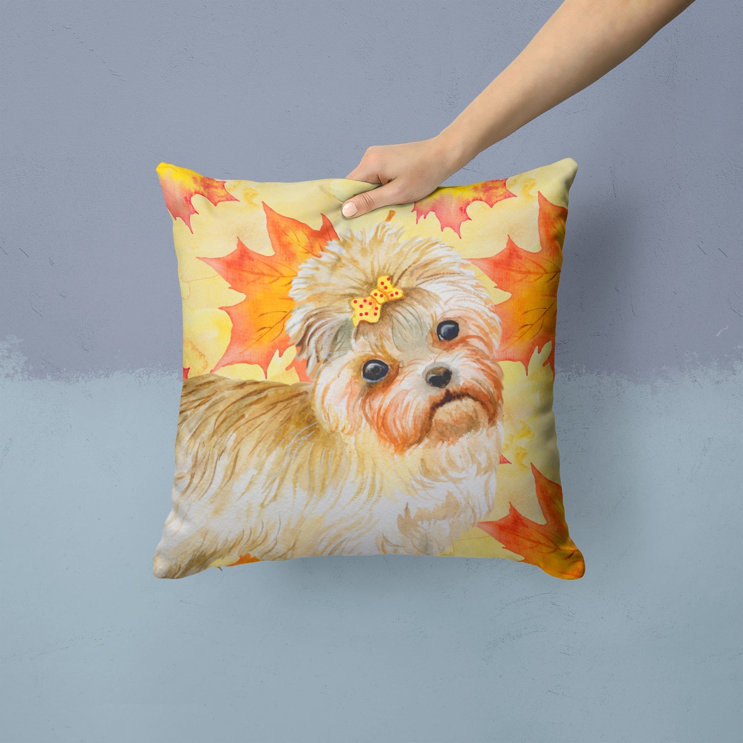 Morkie Fall Decorative Throw Pillow 14x14 Indoor Outdoor Accent Cushion, Fabric Cover with Insert for Sofa, Bed, Porch & Living Room