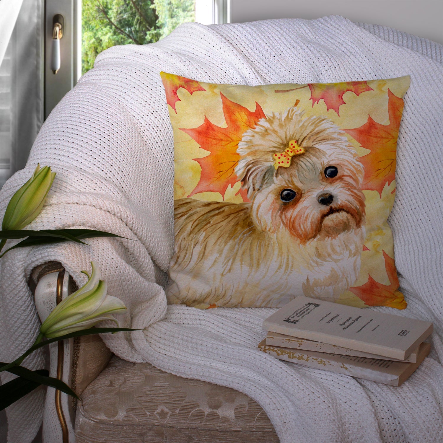 Morkie Fall Decorative Throw Pillow 14x14 Indoor Outdoor Accent Cushion, Fabric Cover with Insert for Sofa, Bed, Porch & Living Room
