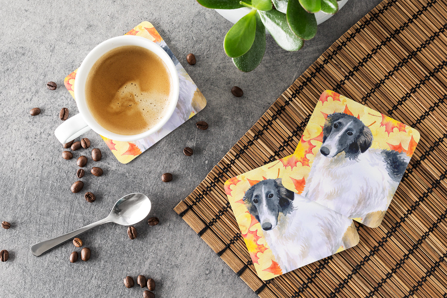Borzoi Fall Foam Coasters Set of 4 Cup Coasters for Indoor Outdoor, Tabletop Protection, Anti Slip, Mouse pad Material