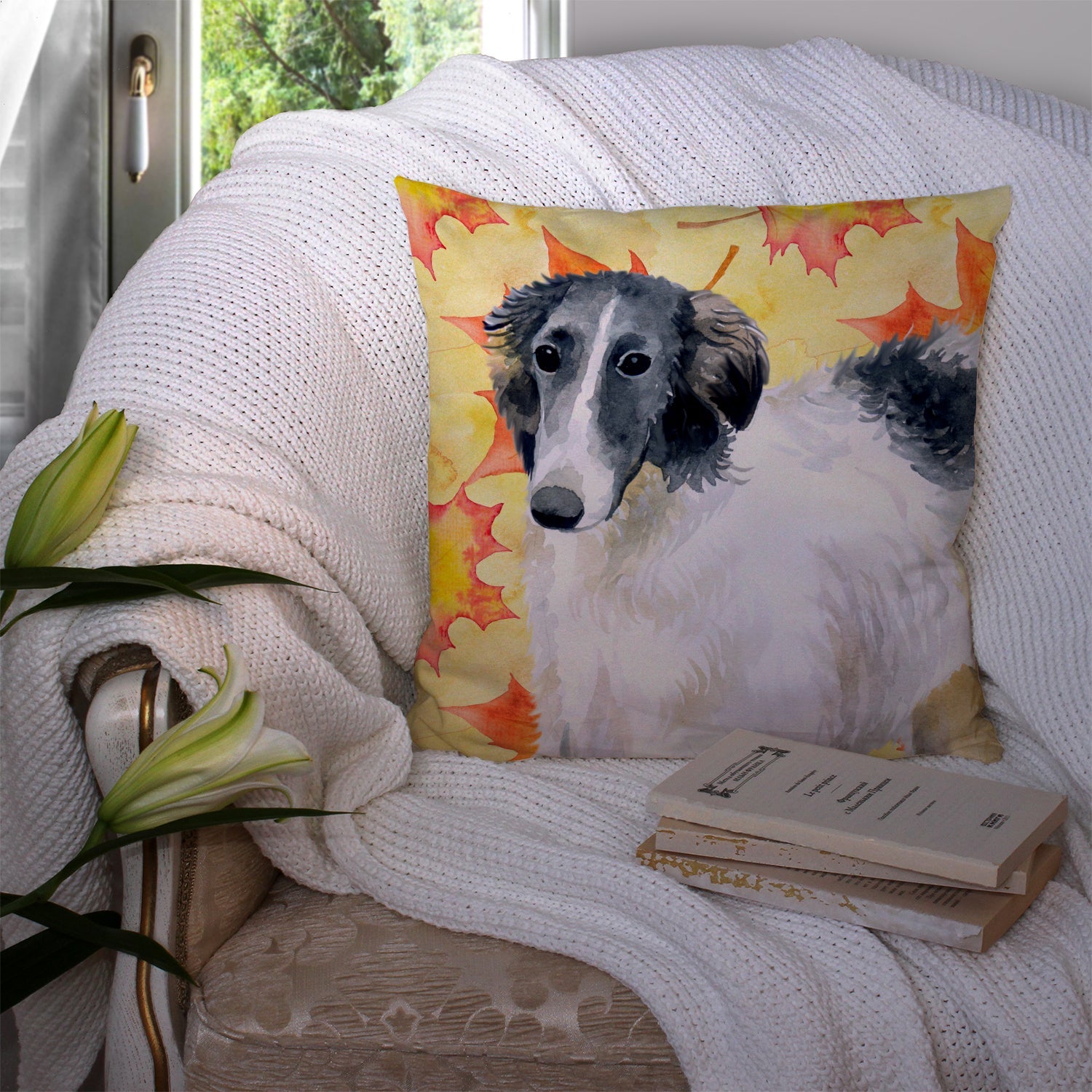 Borzoi Fall Decorative Throw Pillow 14x14 Indoor Outdoor Accent Cushion, Fabric Cover with Insert for Sofa, Bed, Porch & Living Room