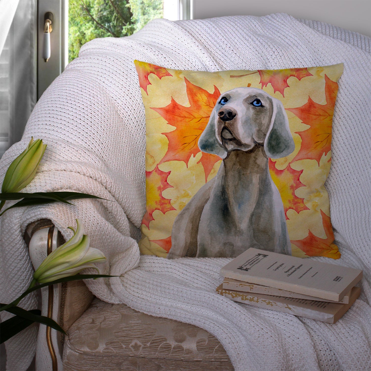 Weimaraner Fall Decorative Throw Pillow 14x14 Indoor Outdoor Accent Cushion, Fabric Cover with Insert for Sofa, Bed, Porch & Living Room