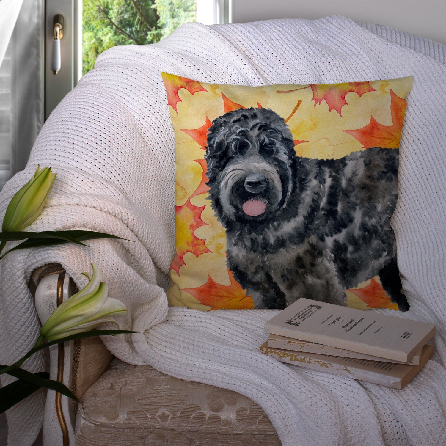 Black Russian Terrier Fall Decorative Throw Pillow 14x14 Indoor Outdoor Accent Cushion, Fabric Cover with Insert for Sofa, Bed, Porch & Living Room