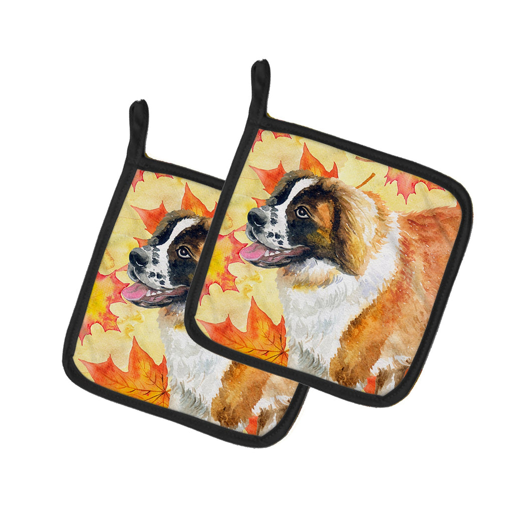 Saint Bernard Fall Pot Holder Set of 2 Heat Resistant Quilted Hot Pads 7.5 x 7.5 Inch, Insulated Kitchen Trivets for Cooking & Baking