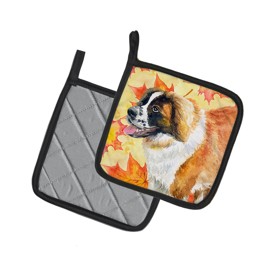 Saint Bernard Fall Pot Holder Set of 2 Heat Resistant Quilted Hot Pads 7.5 x 7.5 Inch, Insulated Kitchen Trivets for Cooking & Baking