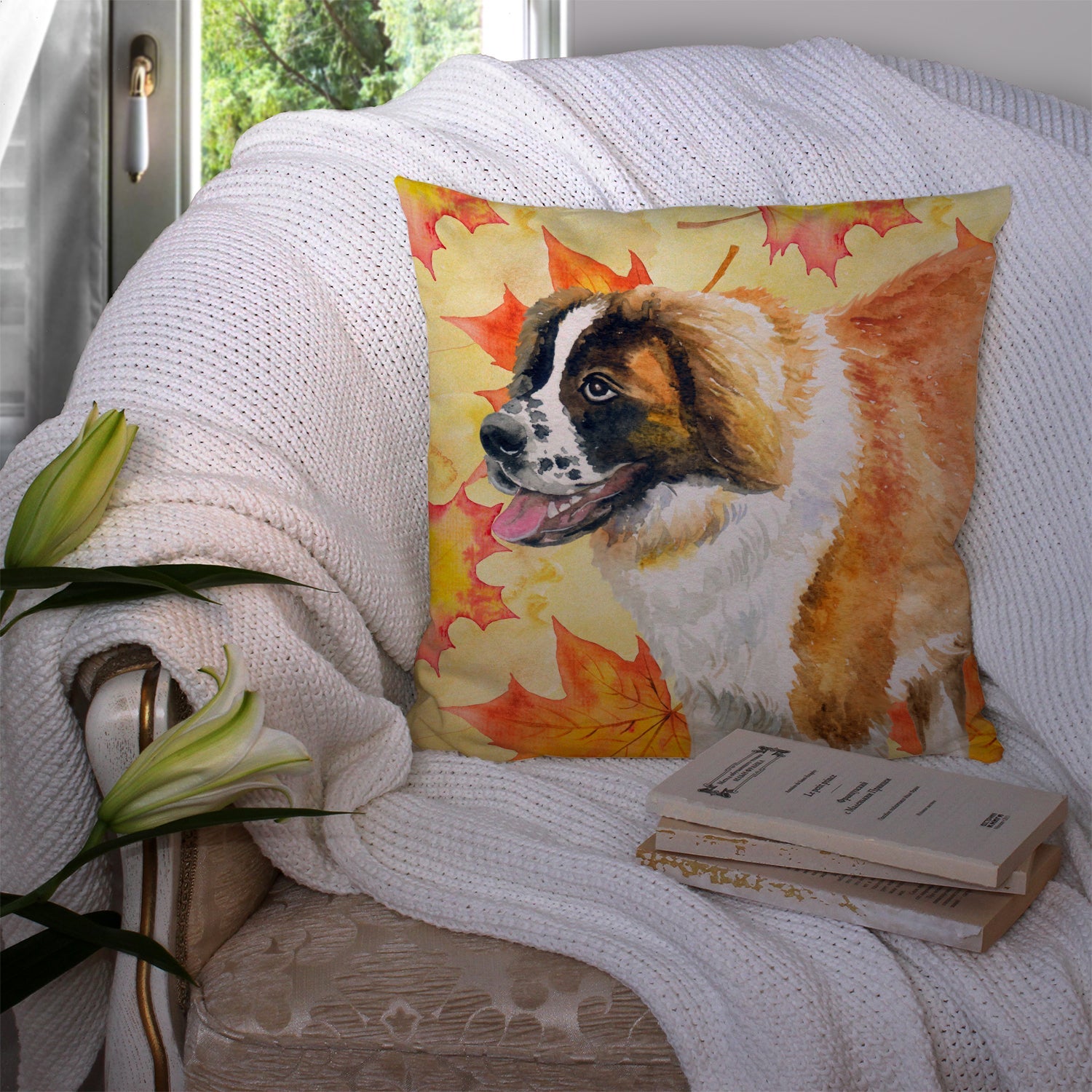 Saint Bernard Fall Decorative Throw Pillow 14x14 Indoor Outdoor Accent Cushion, Fabric Cover with Insert for Sofa, Bed, Porch & Living Room