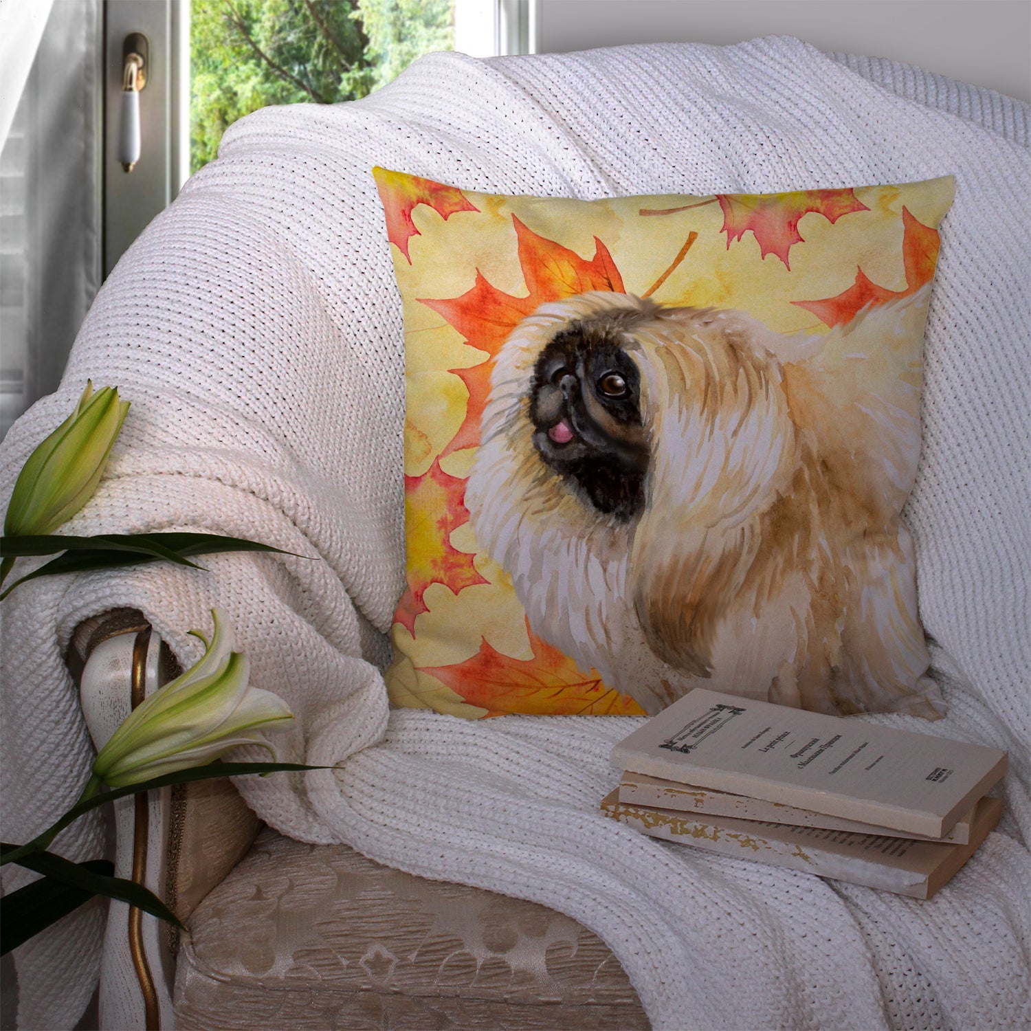 Pekingese Fall Decorative Throw Pillow 14x14 Indoor Outdoor Accent Cushion, Fabric Cover with Insert for Sofa, Bed, Porch & Living Room