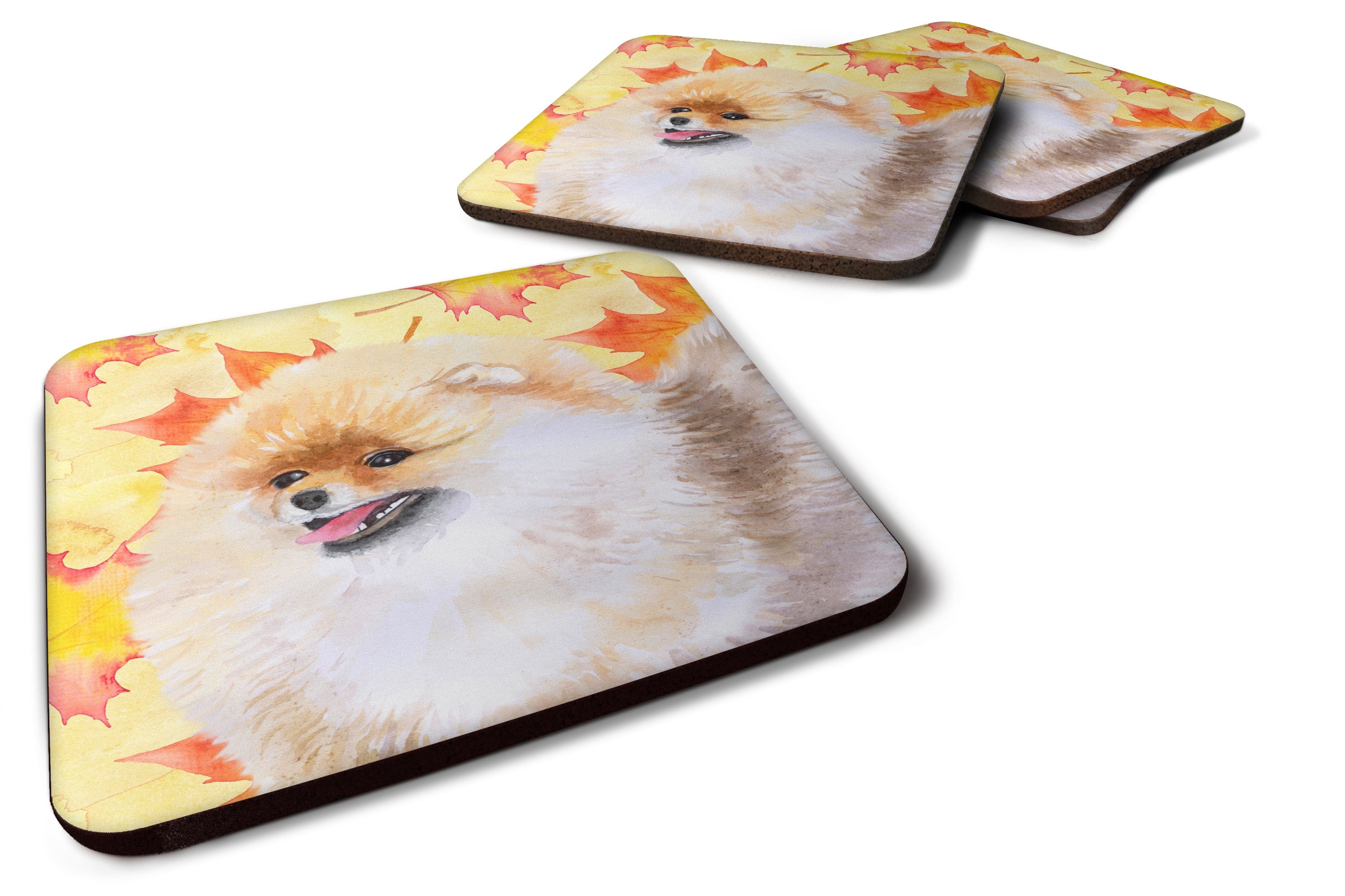 Pomeranian Fall Foam Coasters Set of 4 Cup Coasters for Indoor Outdoor, Tabletop Protection, Anti Slip, Mouse pad Material