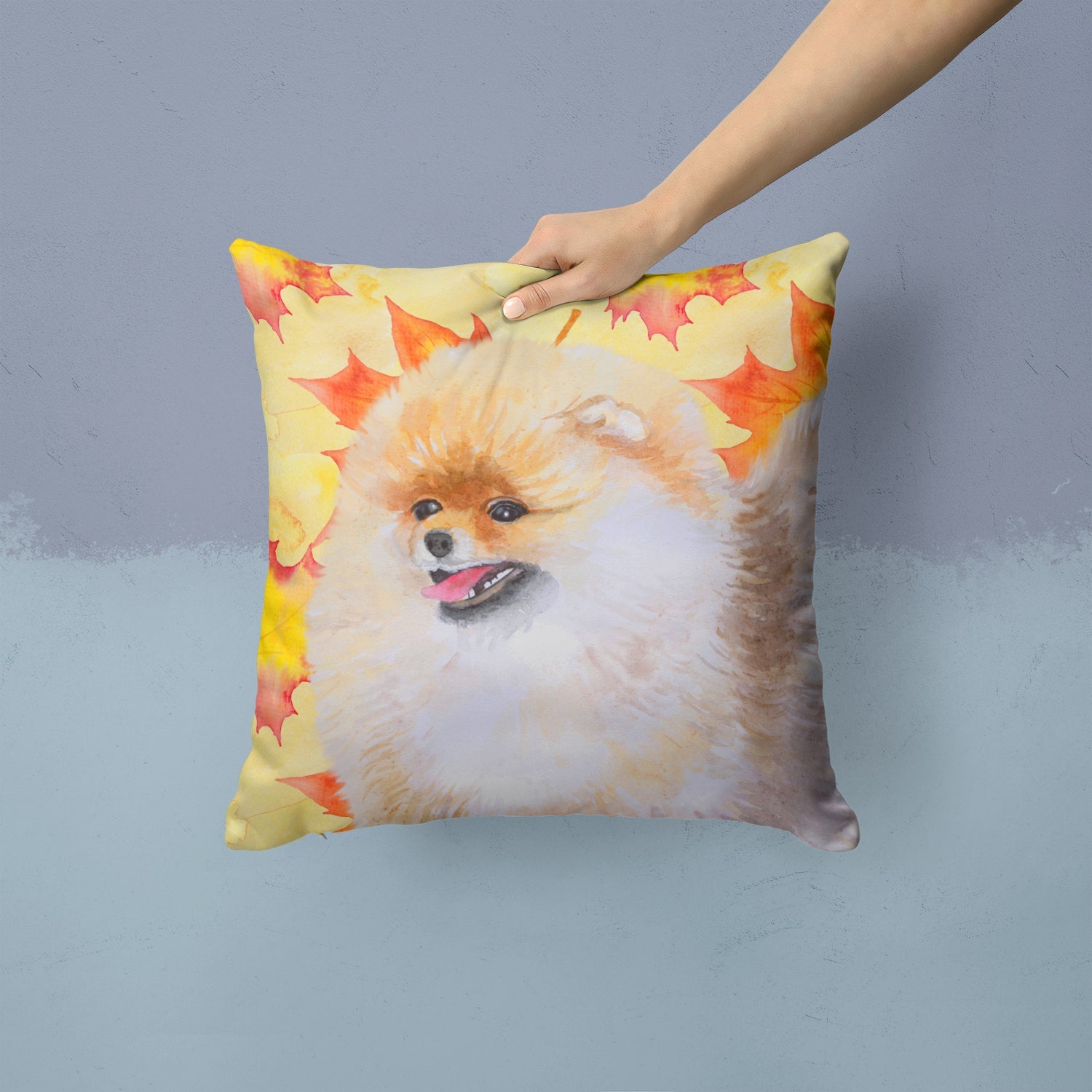 Pomeranian Fall Decorative Throw Pillow 14x14 Indoor Outdoor Accent Cushion, Fabric Cover with Insert for Sofa, Bed, Porch & Living Room