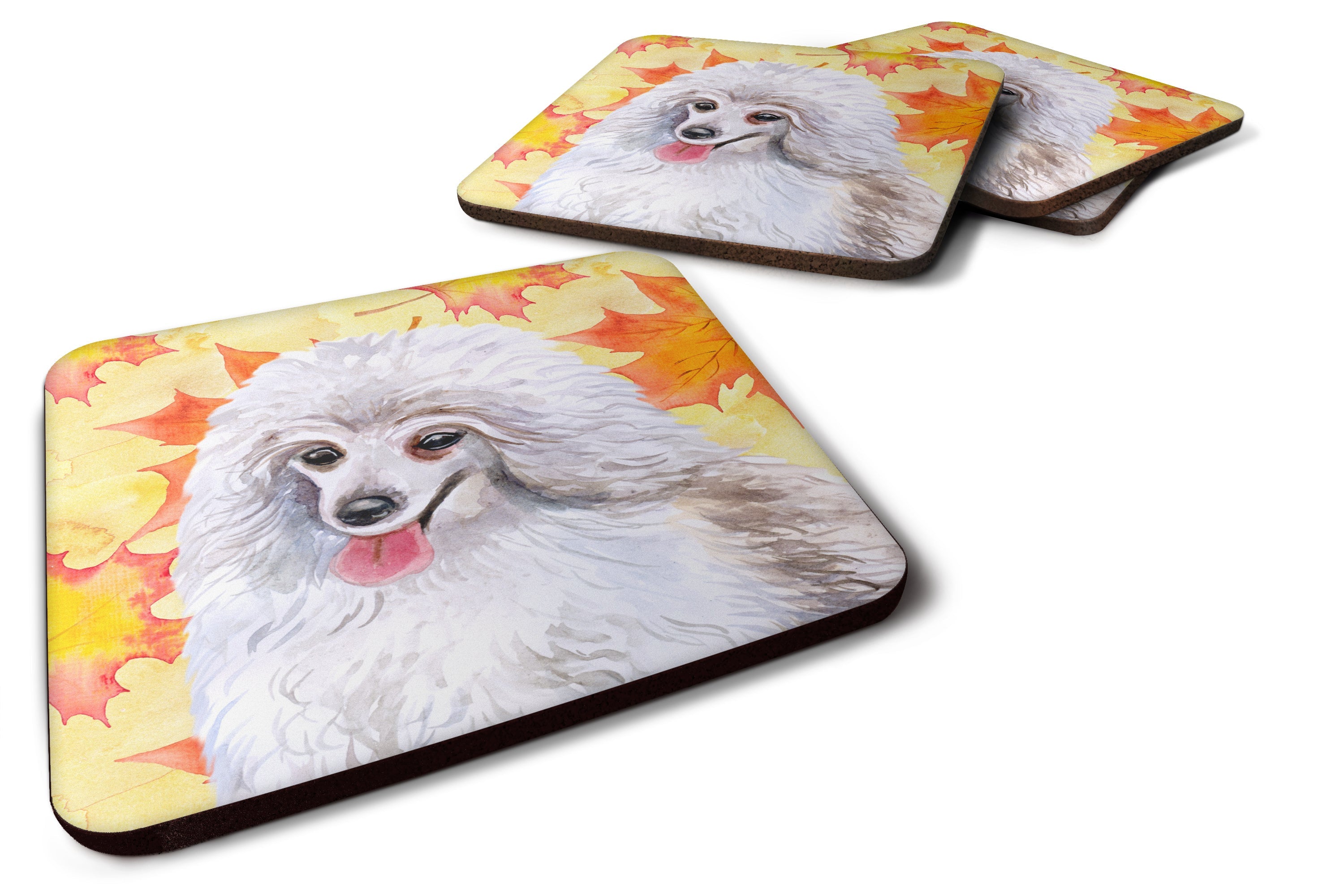 Medium White Poodle Fall Foam Coasters Set of 4 Cup Coasters for Indoor Outdoor, Tabletop Protection, Anti Slip, Mouse pad Material