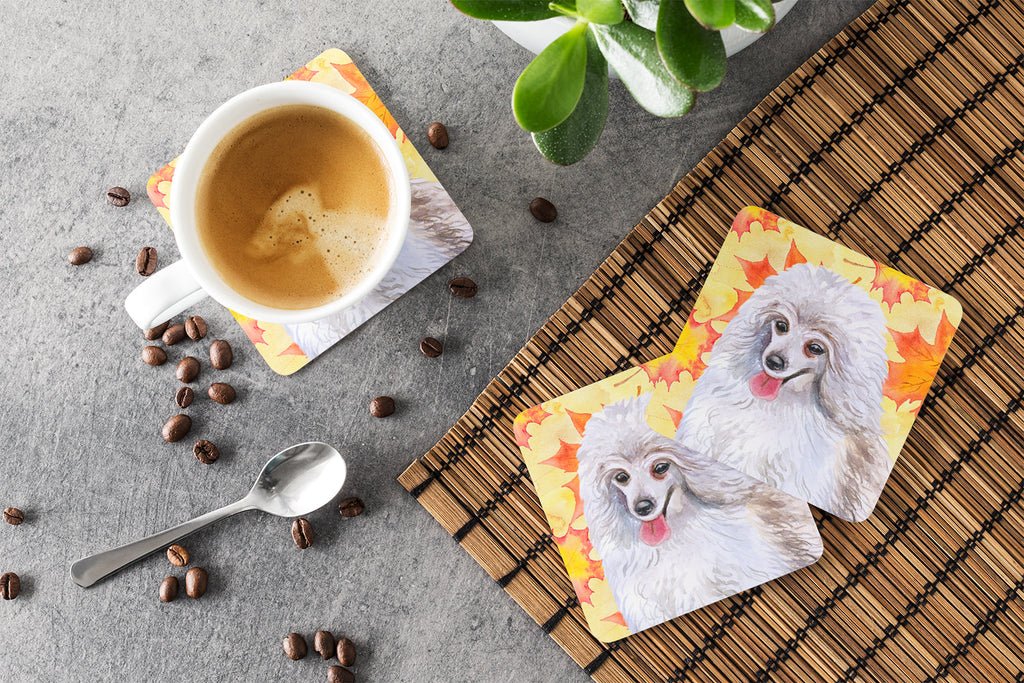 Medium White Poodle Fall Foam Coasters Set of 4 Cup Coasters for Indoor Outdoor, Tabletop Protection, Anti Slip, Mouse pad Material