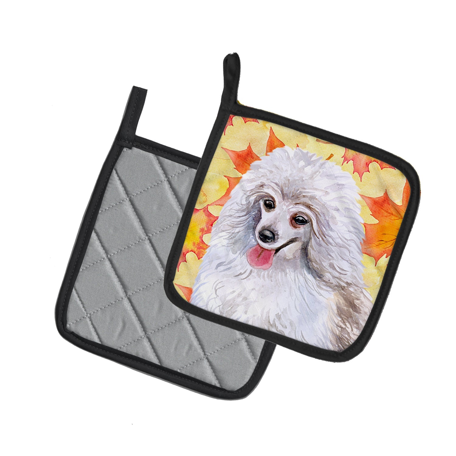 Medium White Poodle Fall Pot Holder Set of 2 Heat Resistant Quilted Hot Pads 7.5 x 7.5 Inch, Insulated Kitchen Trivets for Cooking & Baking