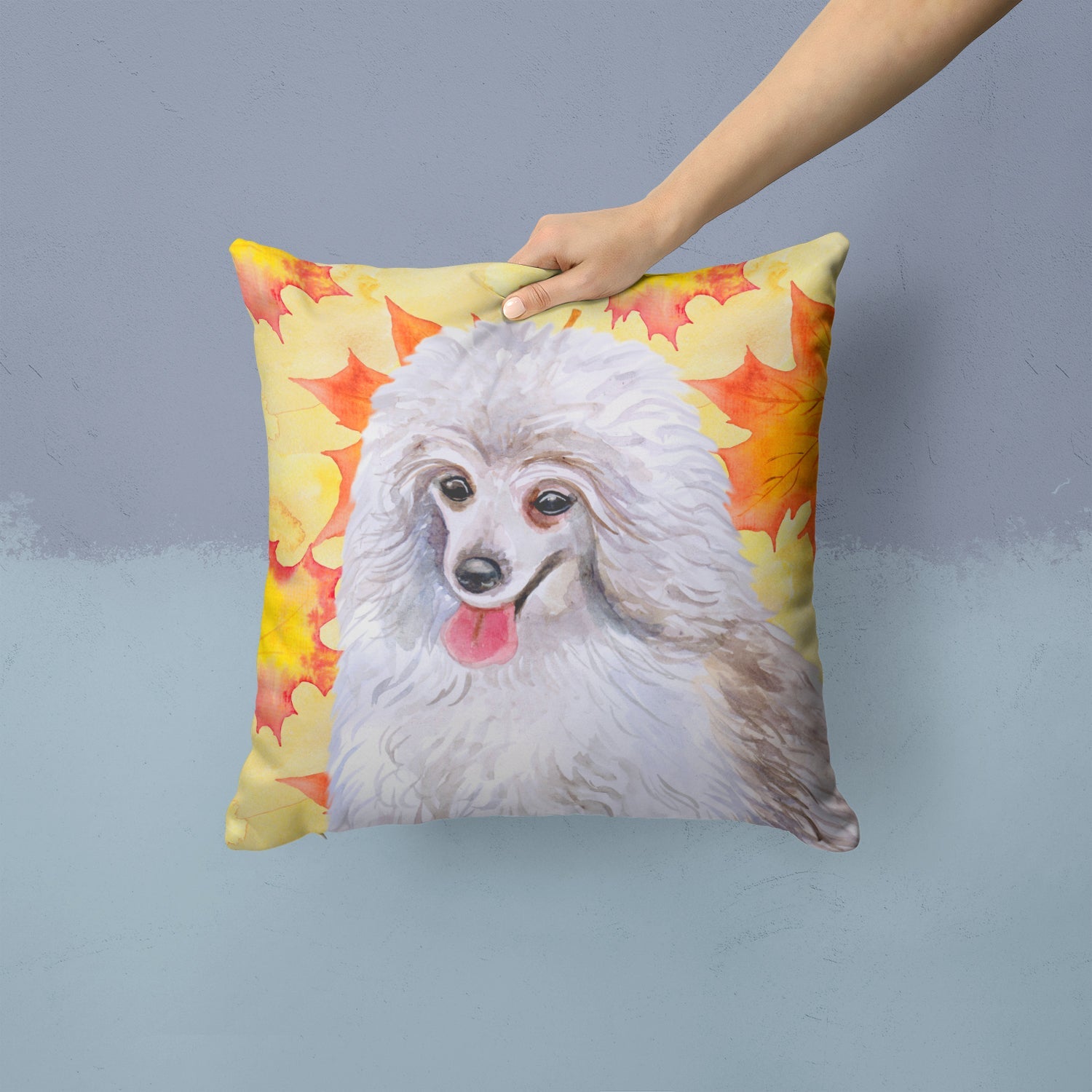 Medium White Poodle Fall Decorative Throw Pillow 14x14 Indoor Outdoor Accent Cushion, Fabric Cover with Insert for Sofa, Bed, Porch & Living Room