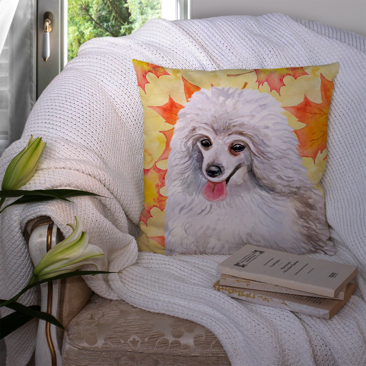 Medium White Poodle Fall Decorative Throw Pillow 14x14 Indoor Outdoor Accent Cushion, Fabric Cover with Insert for Sofa, Bed, Porch & Living Room