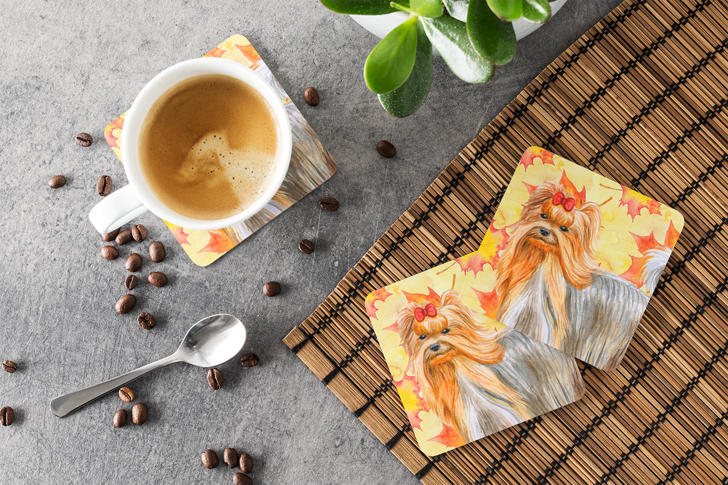 Yorkshire Terrier Fall Foam Coasters Set of 4 Cup Coasters for Indoor Outdoor, Tabletop Protection, Anti Slip, Mouse pad Material