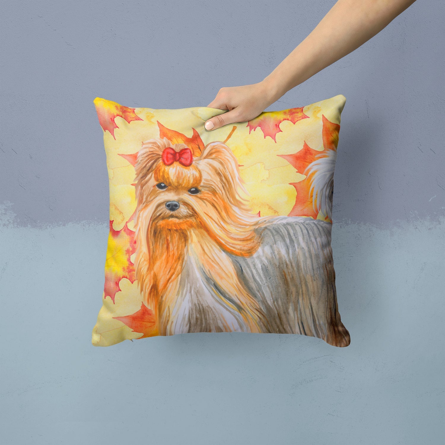Yorkshire Terrier Fall Decorative Throw Pillow 14x14 Indoor Outdoor Accent Cushion, Fabric Cover with Insert for Sofa, Bed, Porch & Living Room