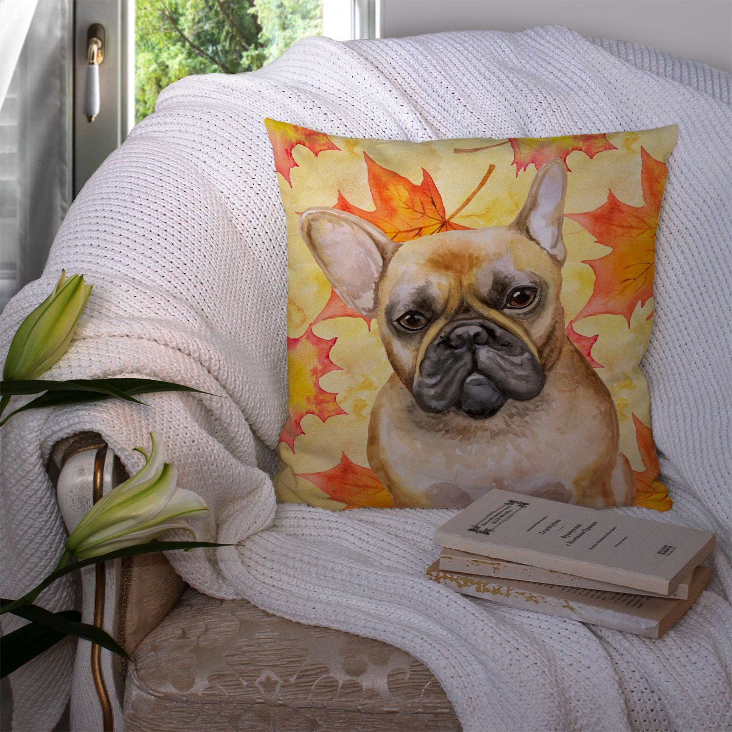 French Bulldog Fall Decorative Throw Pillow 14x14 Indoor Outdoor Accent Cushion, Fabric Cover with Insert for Sofa, Bed, Porch & Living Room