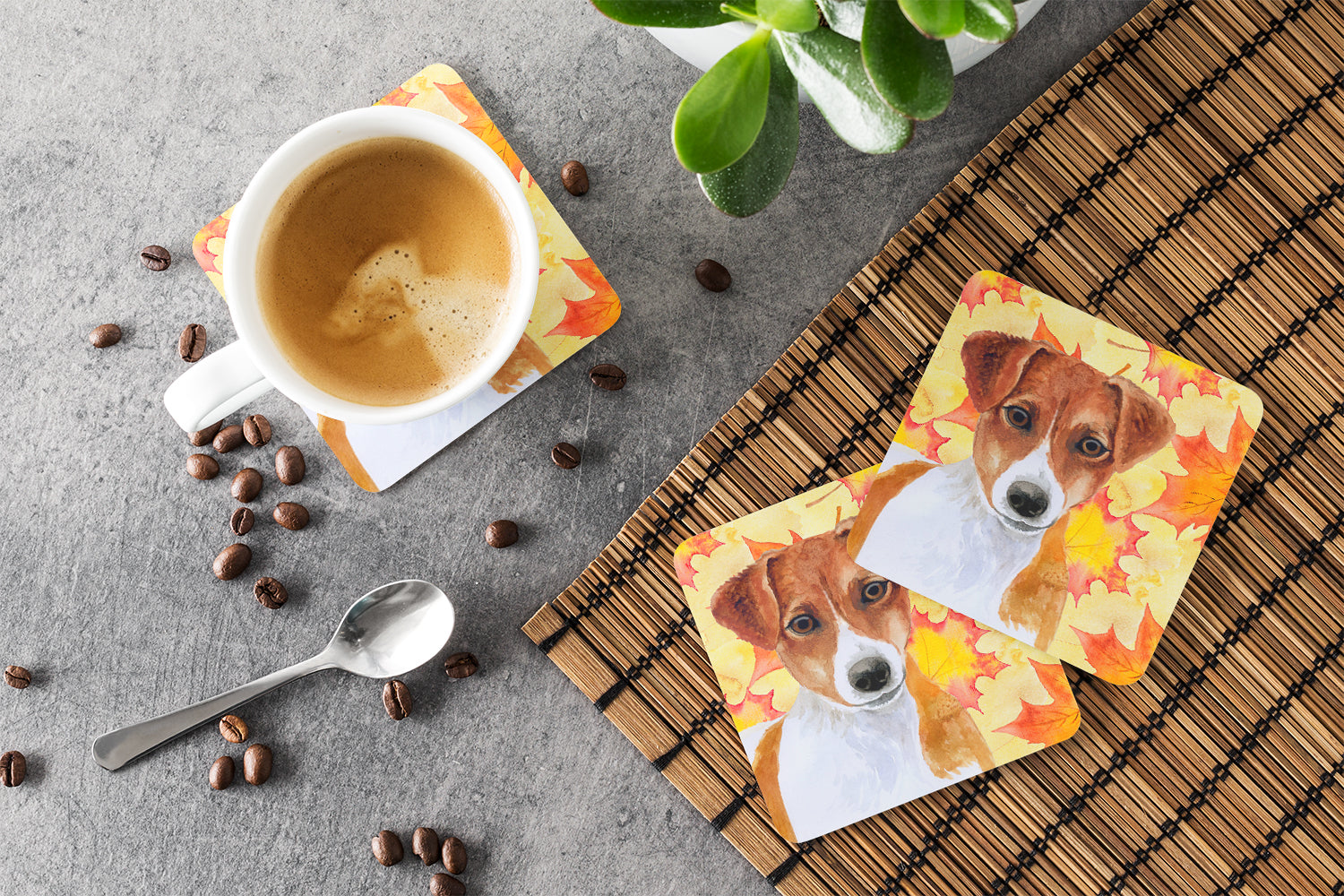Jack Russell Terrier Fall Foam Coasters Set of 4 Cup Coasters for Indoor Outdoor, Tabletop Protection, Anti Slip, Mouse pad Material