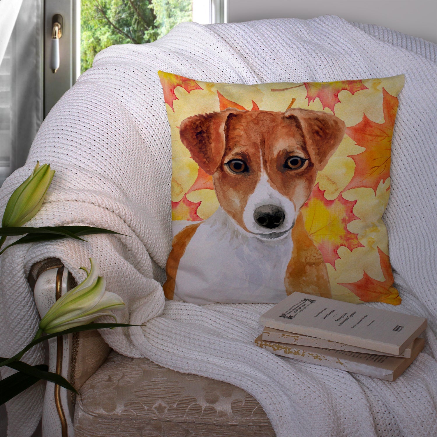 Jack Russell Terrier Fall Decorative Throw Pillow 14x14 Indoor Outdoor Accent Cushion, Fabric Cover with Insert for Sofa, Bed, Porch & Living Room