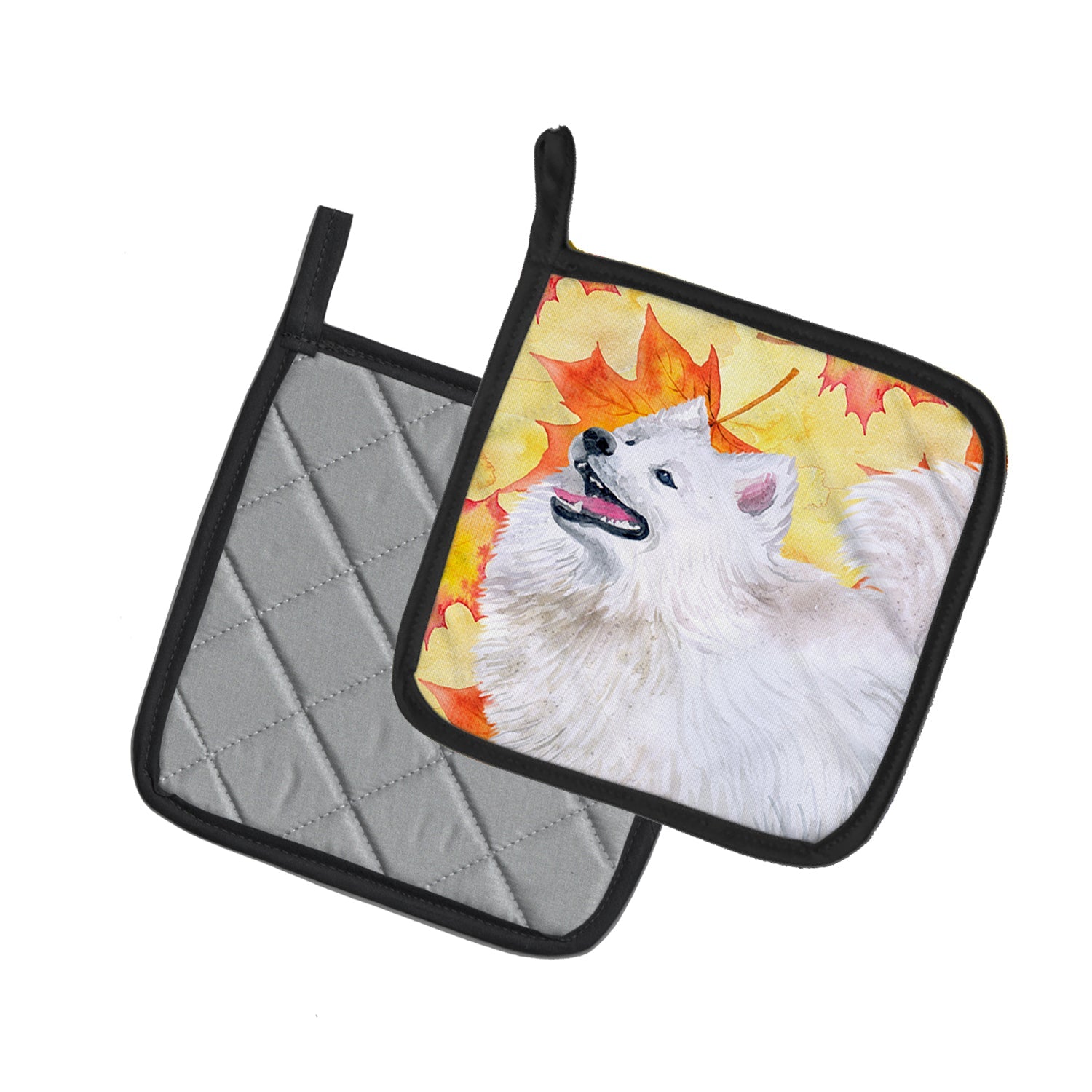 Samoyed Fall Pot Holder Set of 2 Heat Resistant Quilted Hot Pads 7.5 x 7.5 Inch, Insulated Kitchen Trivets for Cooking & Baking