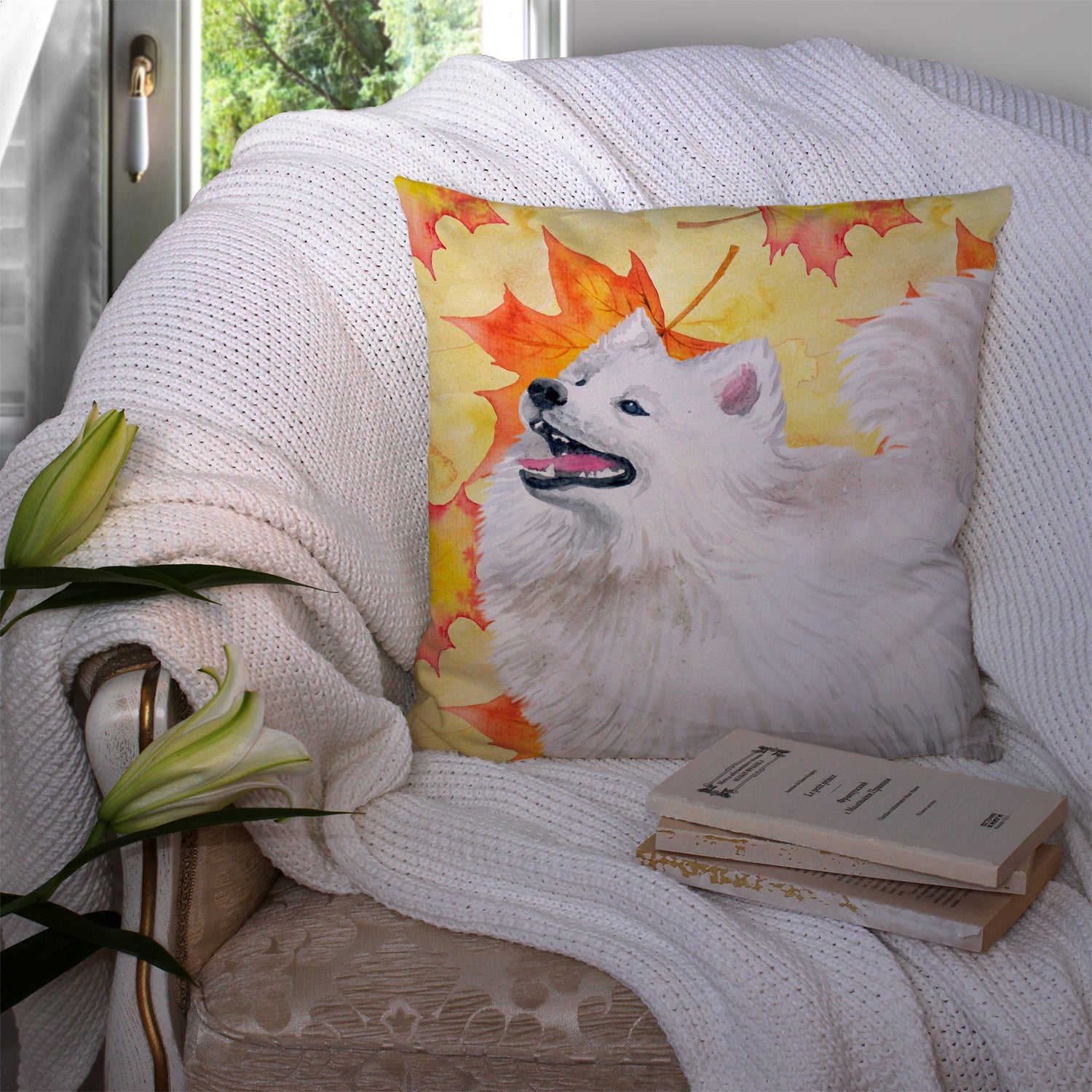 Samoyed Fall Decorative Throw Pillow 14x14 Indoor Outdoor Accent Cushion, Fabric Cover with Insert for Sofa, Bed, Porch & Living Room