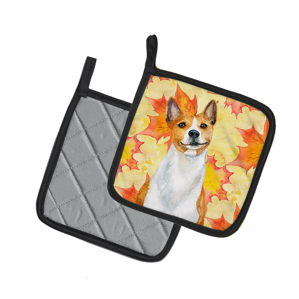 Basenji Fall Pot Holder Set of 2 Heat Resistant Quilted Hot Pads 7.5 x 7.5 Inch, Insulated Kitchen Trivets for Cooking & Baking