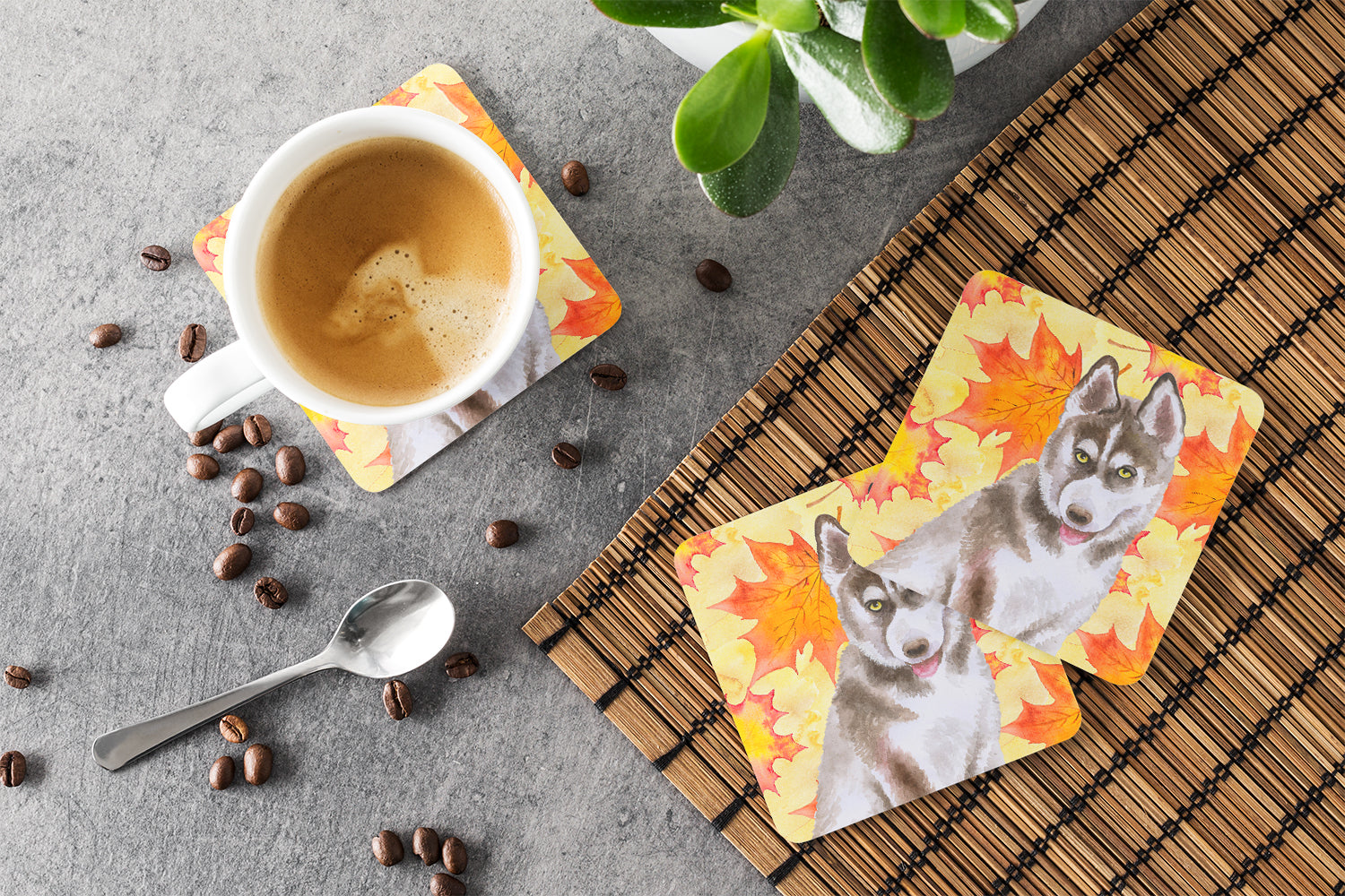 Siberian Husky Grey Fall Foam Coasters Set of 4 Cup Coasters for Indoor Outdoor, Tabletop Protection, Anti Slip, Mouse pad Material