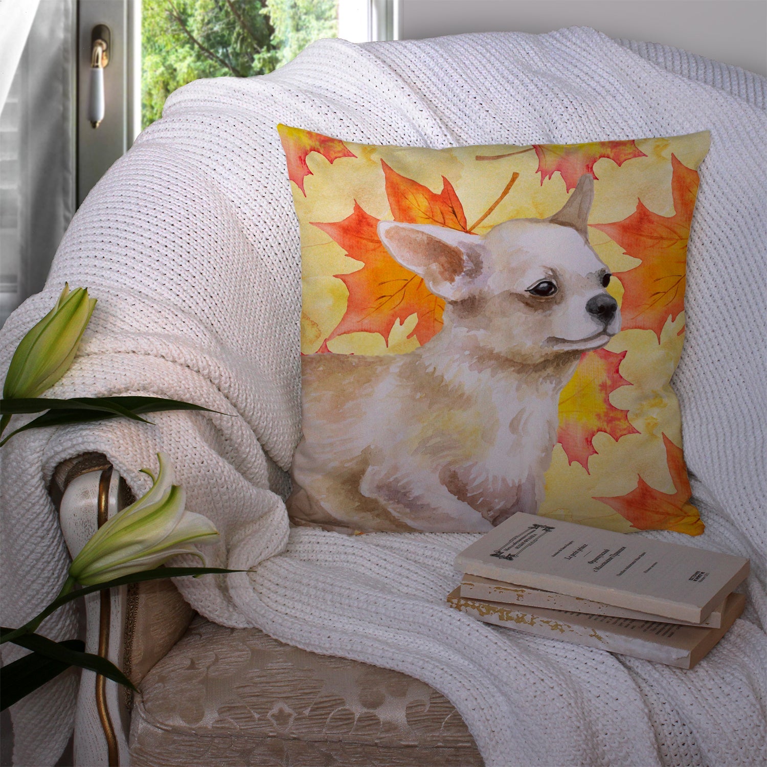 Chihuahua Leg up Fall Decorative Throw Pillow 14x14 Indoor Outdoor Accent Cushion, Fabric Cover with Insert for Sofa, Bed, Porch & Living Room