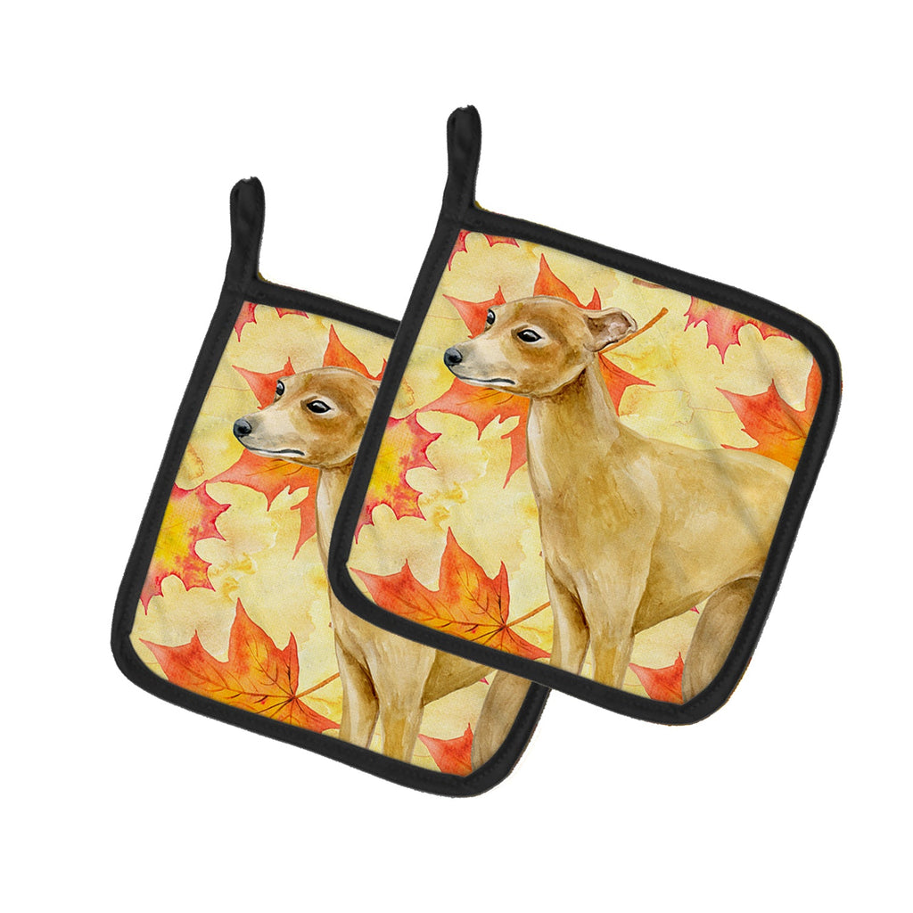 Italian Greyhound Fall Pot Holder Set of 2 Heat Resistant Quilted Hot Pads 7.5 x 7.5 Inch, Insulated Kitchen Trivets for Cooking & Baking