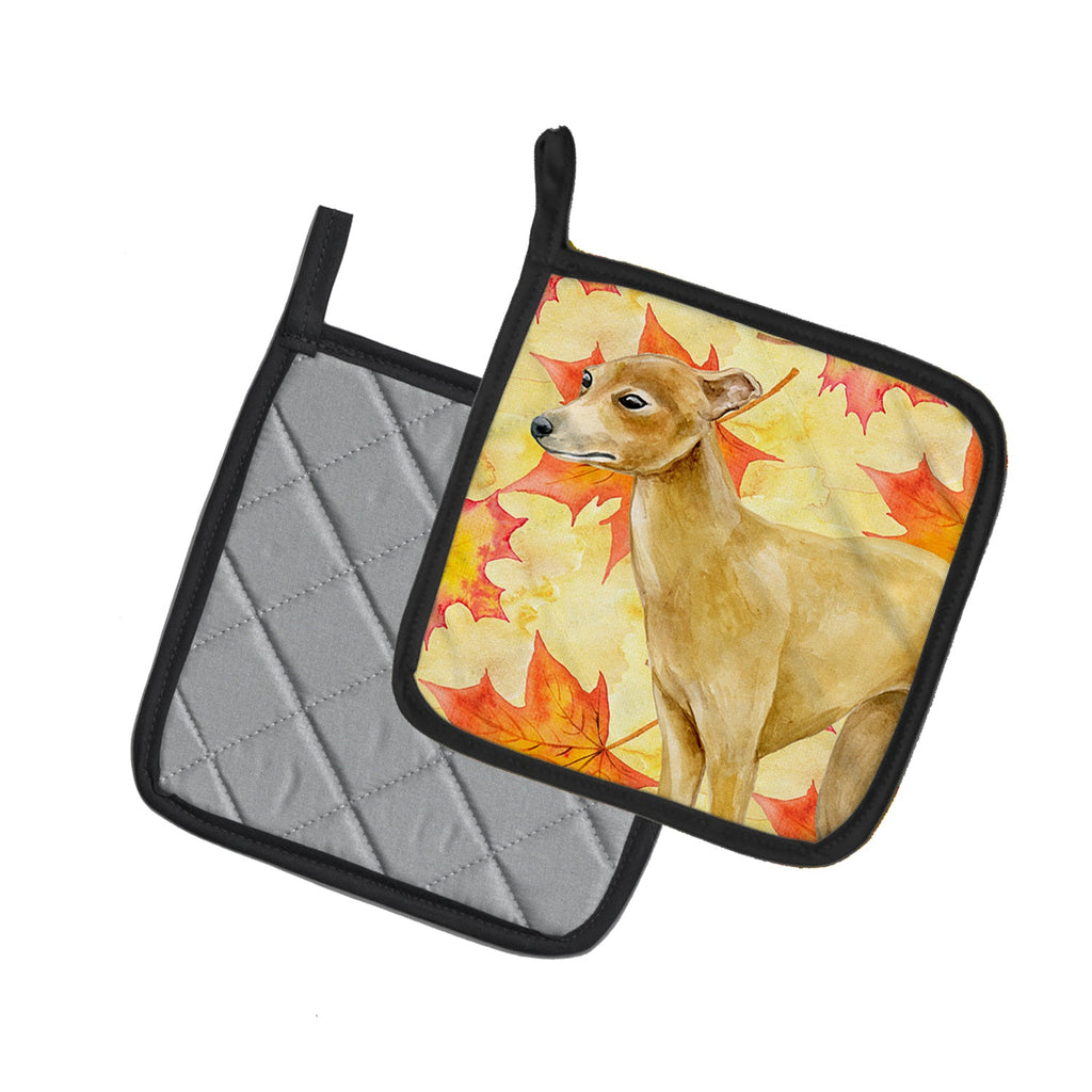 Italian Greyhound Fall Pot Holder Set of 2 Heat Resistant Quilted Hot Pads 7.5 x 7.5 Inch, Insulated Kitchen Trivets for Cooking & Baking