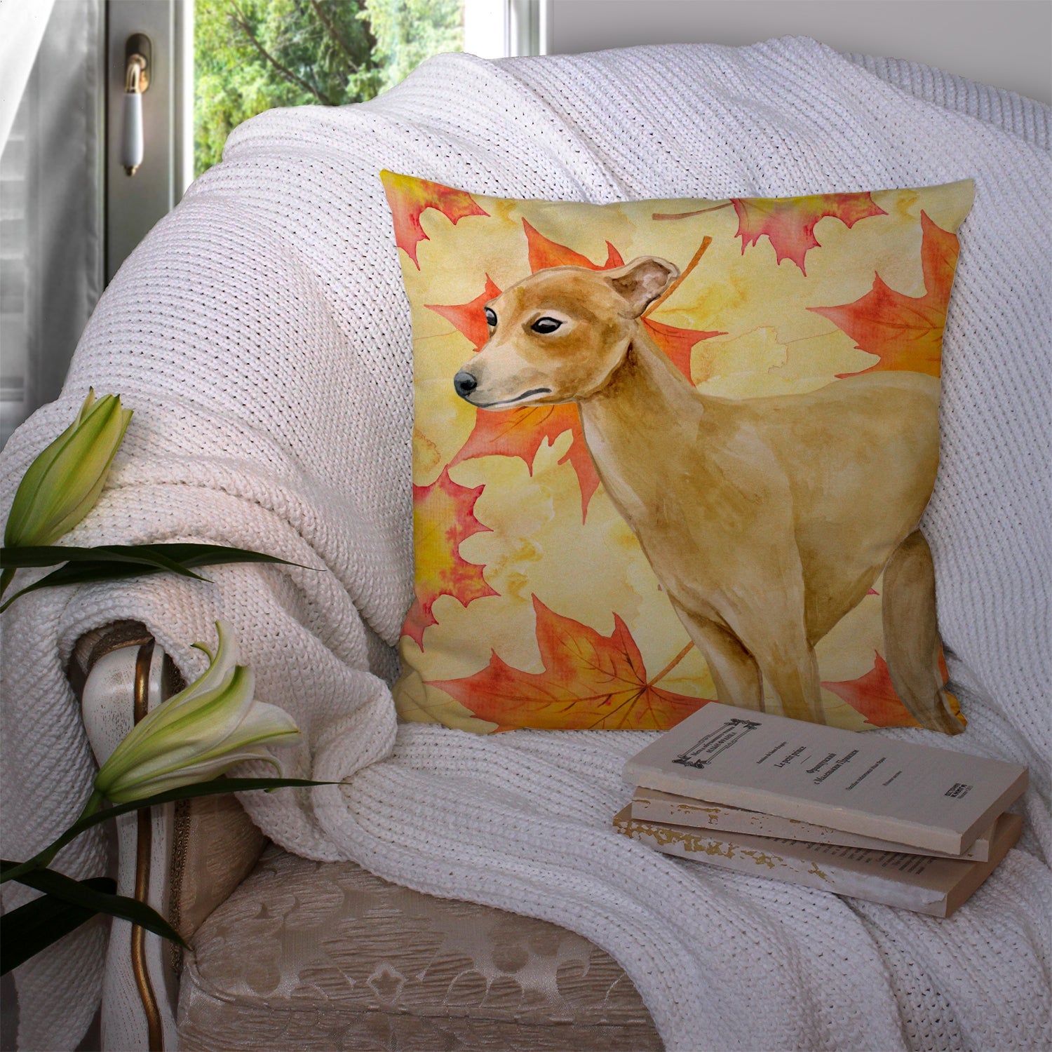 Italian Greyhound Fall Decorative Throw Pillow 14x14 Indoor Outdoor Accent Cushion, Fabric Cover with Insert for Sofa, Bed, Porch & Living Room