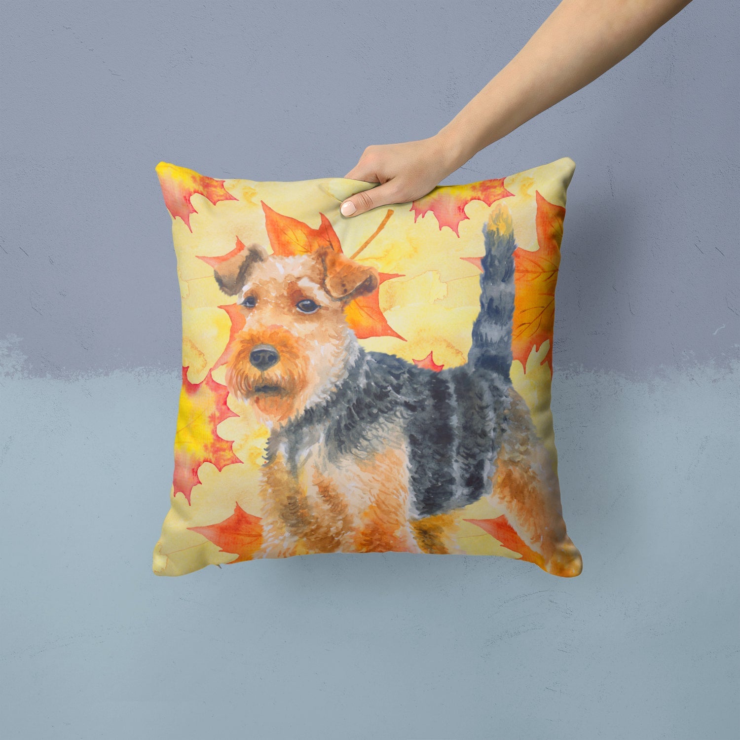 Welsh Terrier Fall Decorative Throw Pillow 14x14 Indoor Outdoor Accent Cushion, Fabric Cover with Insert for Sofa, Bed, Porch & Living Room
