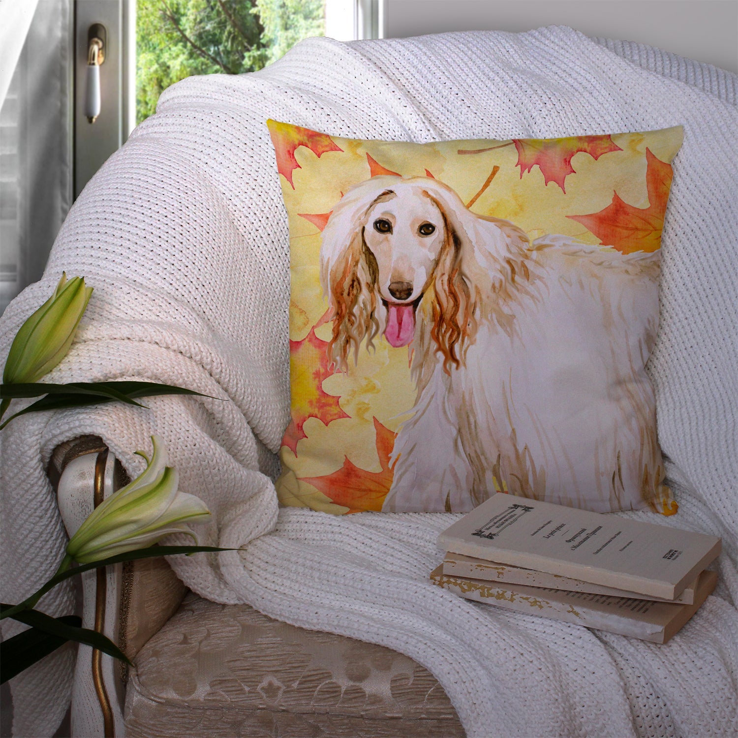 Afghan Hound Fall Decorative Throw Pillow 14x14 Indoor Outdoor Accent Cushion, Fabric Cover with Insert for Sofa, Bed, Porch & Living Room
