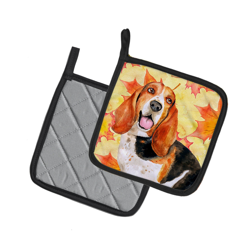 Basset Hound Fall Pot Holder Set of 2 Heat Resistant Quilted Hot Pads 7.5 x 7.5 Inch, Insulated Kitchen Trivets for Cooking & Baking