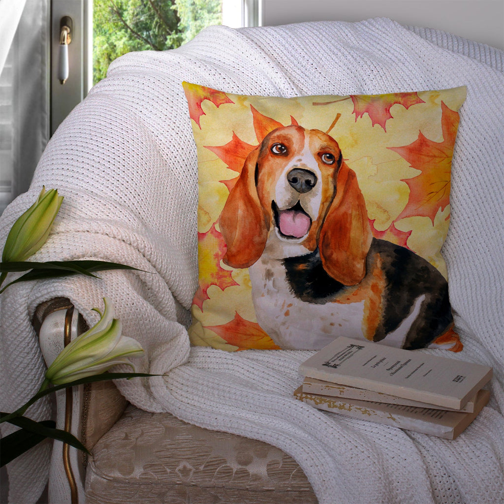 Basset Hound Fall Decorative Throw Pillow 14x14 Indoor Outdoor Accent Cushion, Fabric Cover with Insert for Sofa, Bed, Porch & Living Room